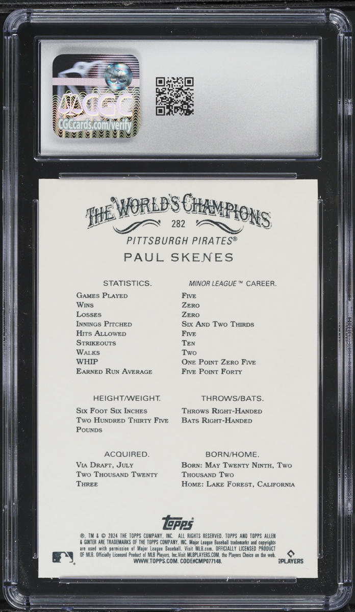 2024 Topps Allen & Ginter Paul Skenes ROOKIE #282 CGC 10 GEM MINT