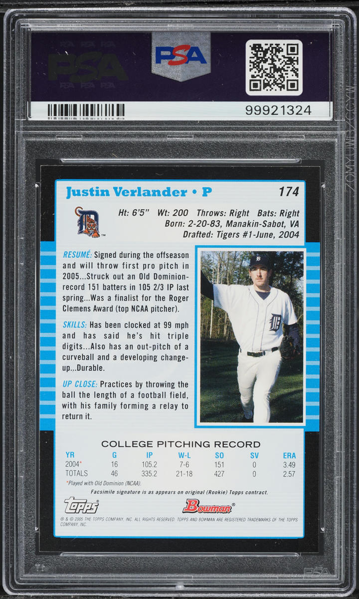 2005 Bowman Justin Verlander PROSPECT #174 PSA 8 NM-MT