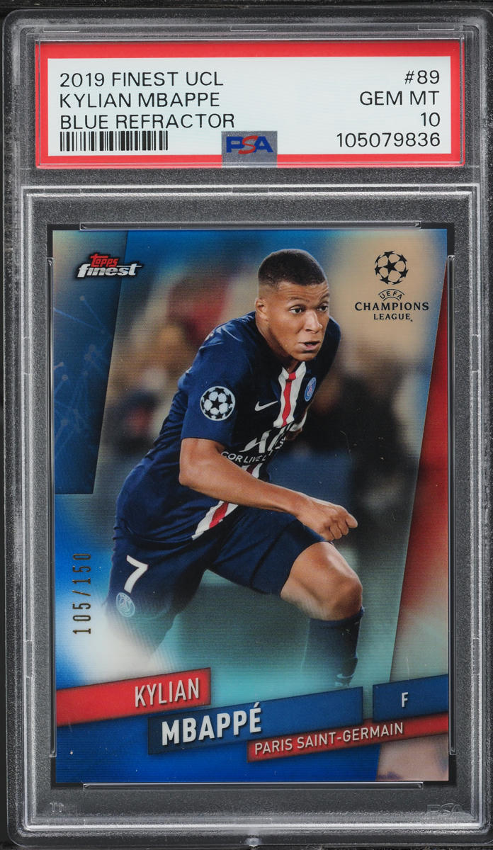 2019 Finest UEFA Champions League Blue Refractor Kylian Mbappe /150 #89 PSA 10