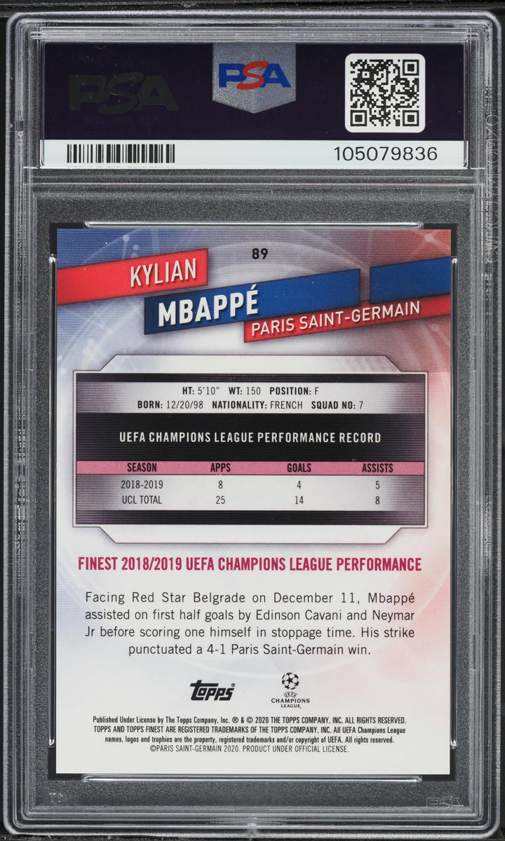 2019 Finest UEFA Champions League Blue Refractor Kylian Mbappe /150 #89 PSA 10