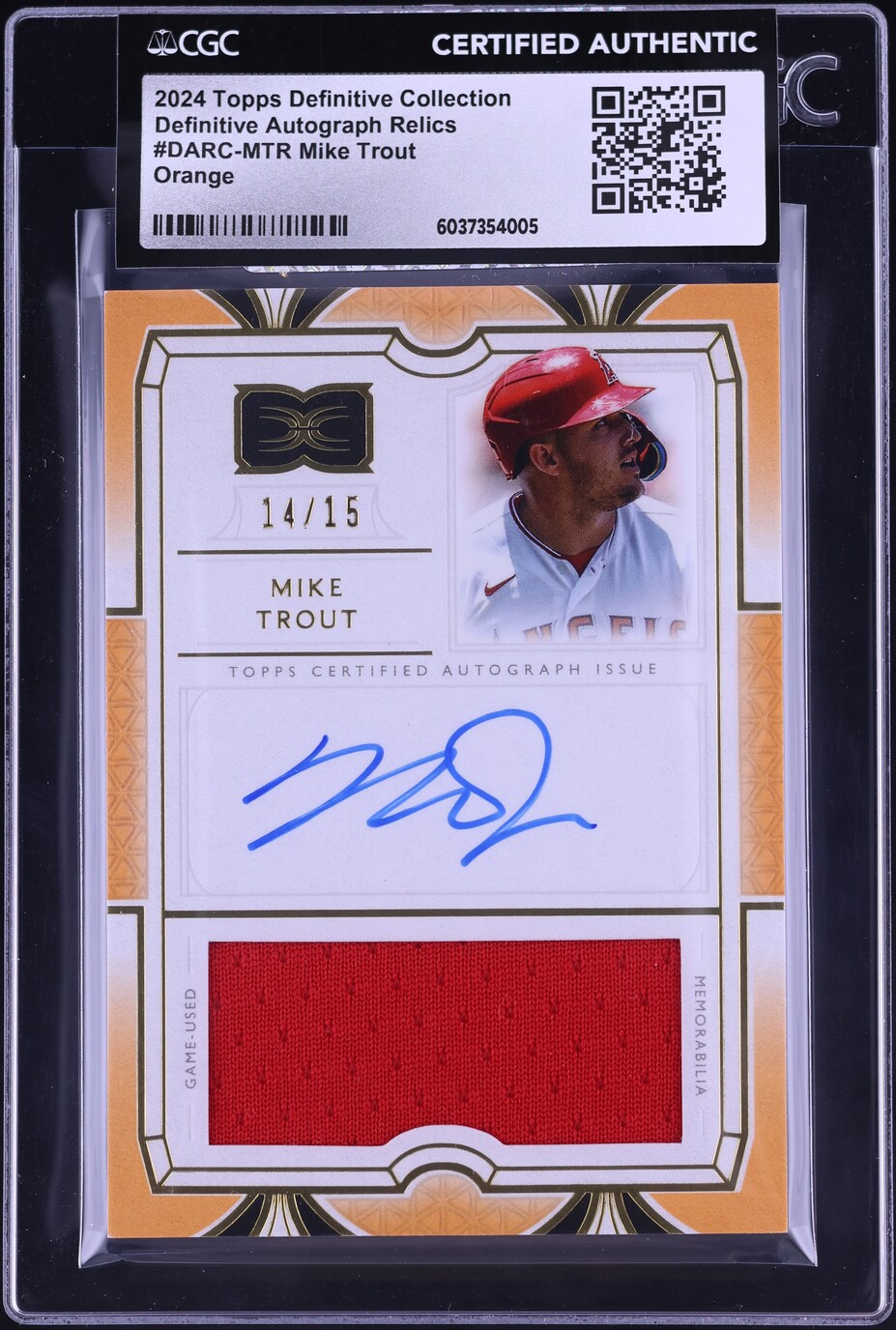 2024 Topps Definitive Collection Orange Mike Trout PATCH AUTO /15 CGC AUTH