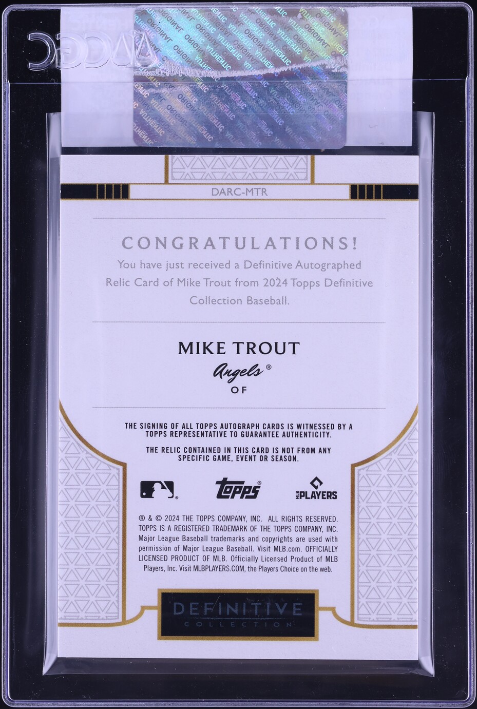 2024 Topps Definitive Collection Orange Mike Trout PATCH AUTO /15 CGC AUTH