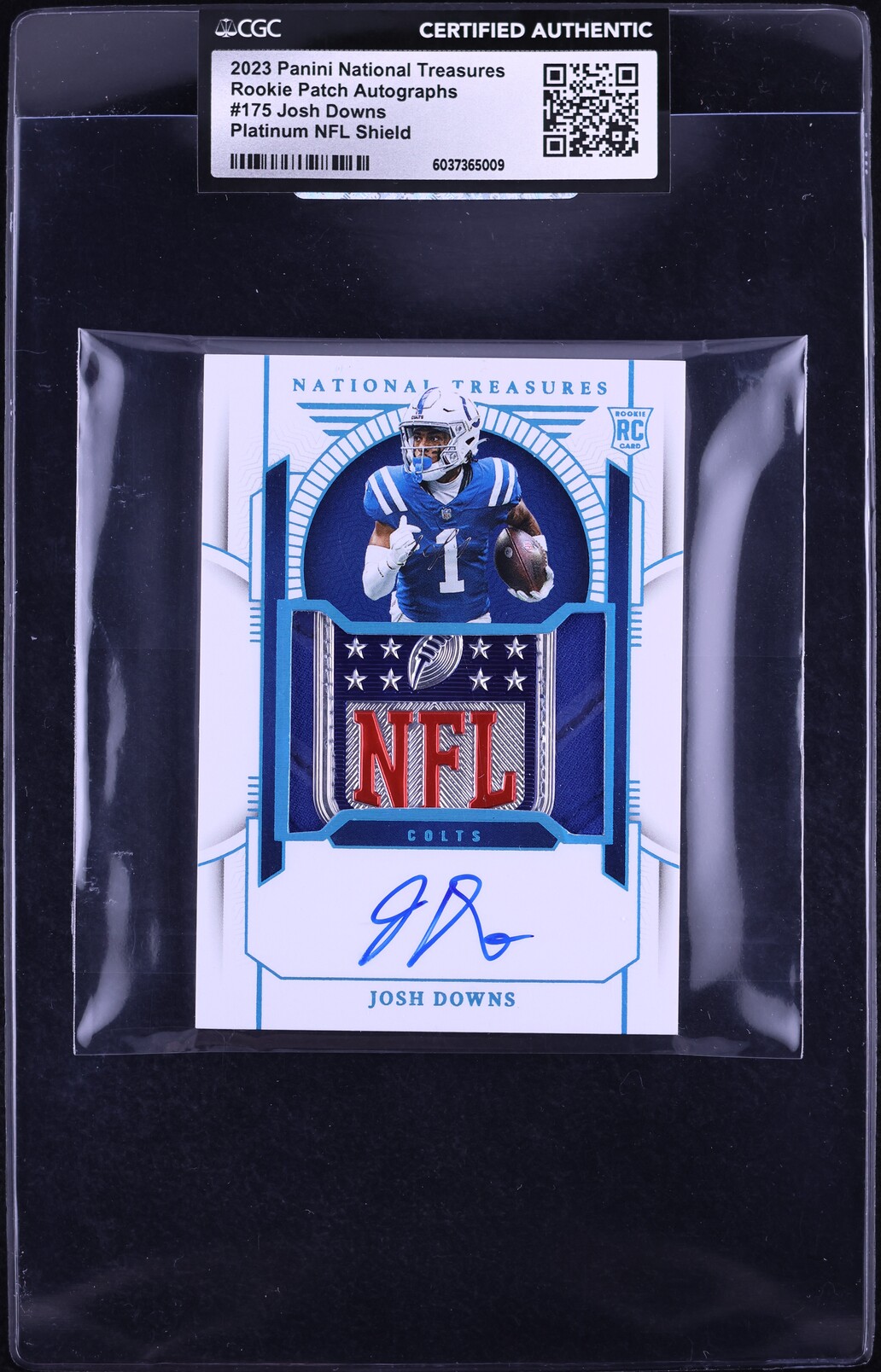 2023 National Treasure Platinum NFL Shield Josh Downs RC PATCH AUTO 1/1 CGC AUTH