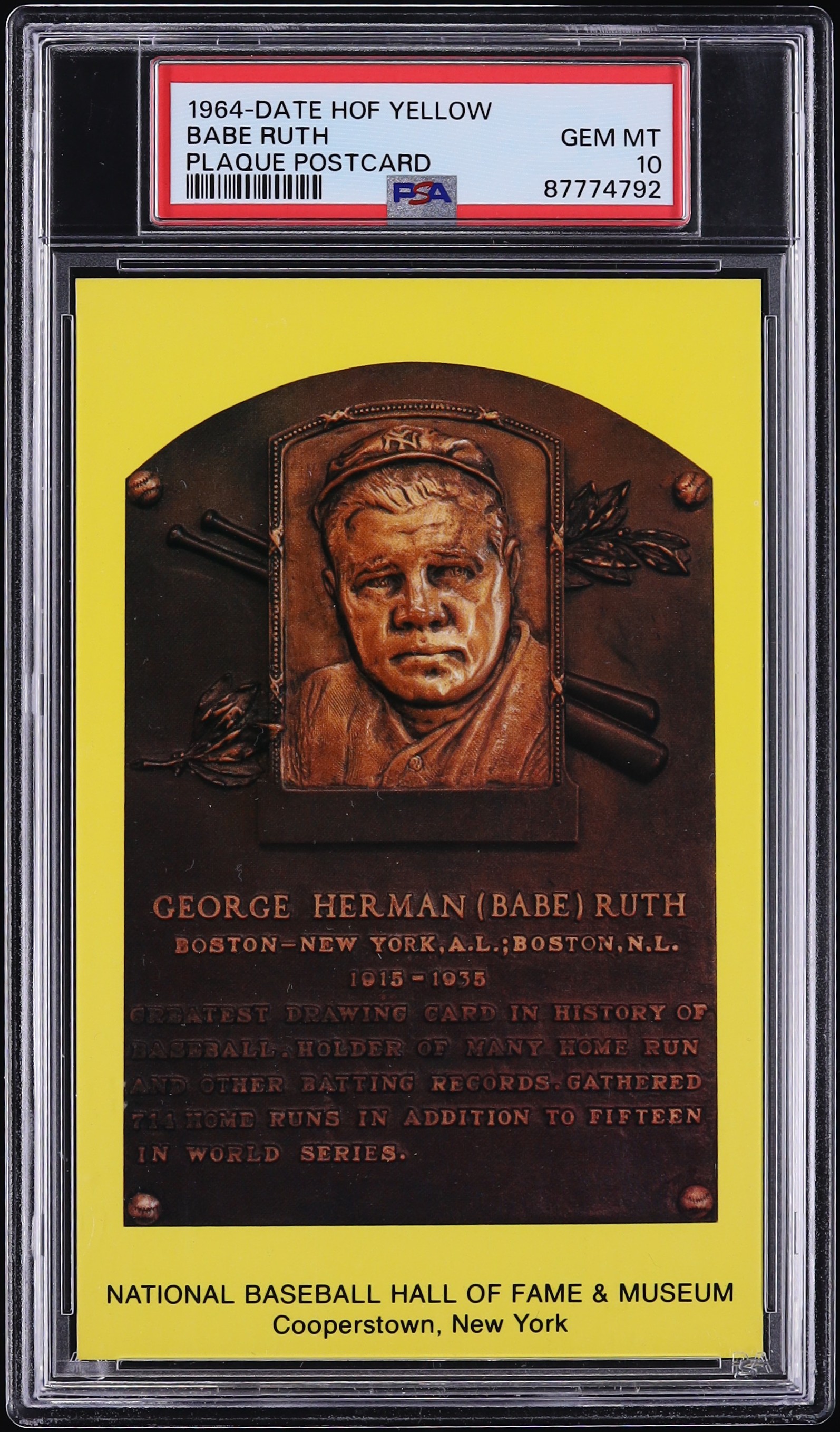 1964 Hall Of Fame Yellow Plaque Postcard Babe Ruth PSA 10 GEM MINT on  Fanatics Collect, image size:1594x2716