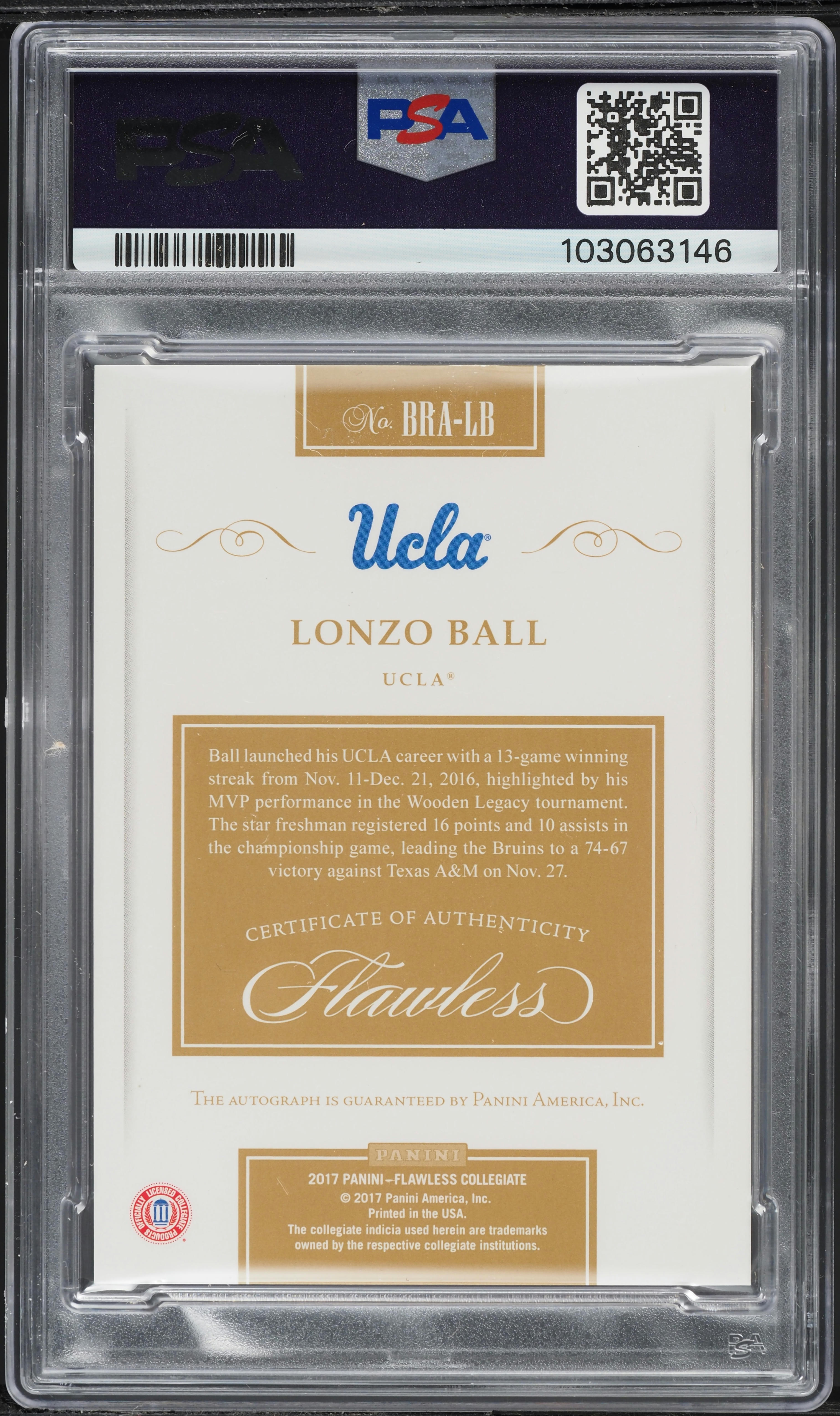 2017 Panini Flawless Collegiate Emerald Lonzo Ball ROOKIE AUTO JSY