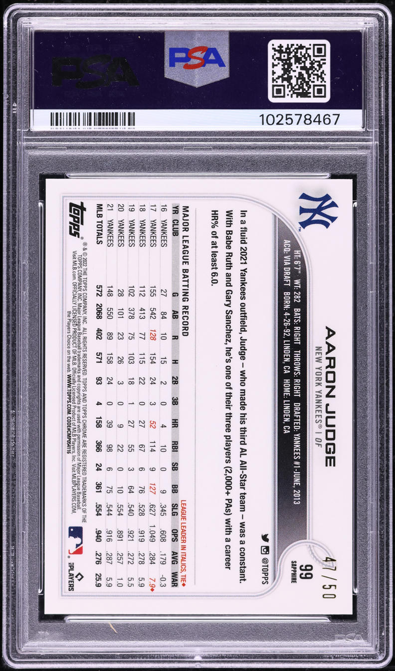 2022 Topps Chrome Sapphire Edition Gold Aaron Judge /50 #99 PSA 10 GEM MINT