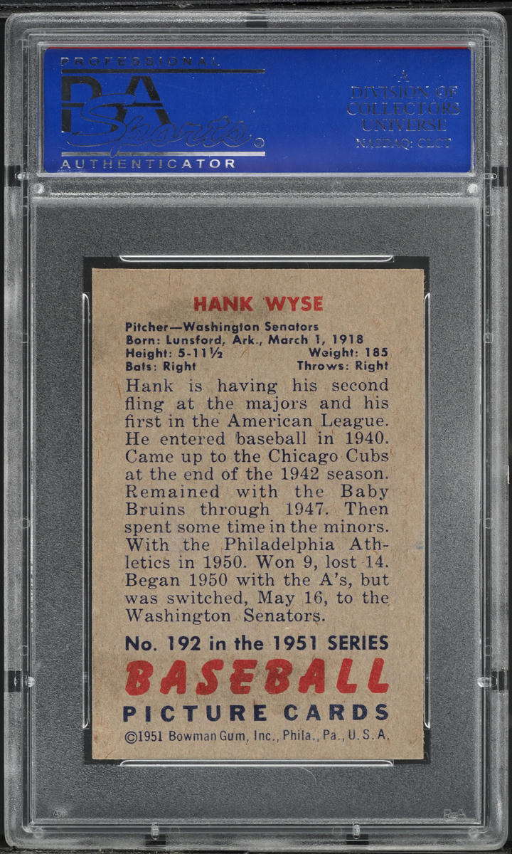 1951 Bowman Hank Wyse #192 PSA 8 NM-MT