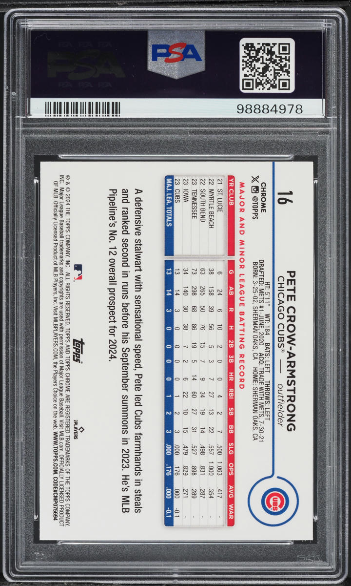 2024 Topps Chrome Green Wave Pete Crow-Armstrong ROOKIE /99 #16 PSA 10 GEM MINT