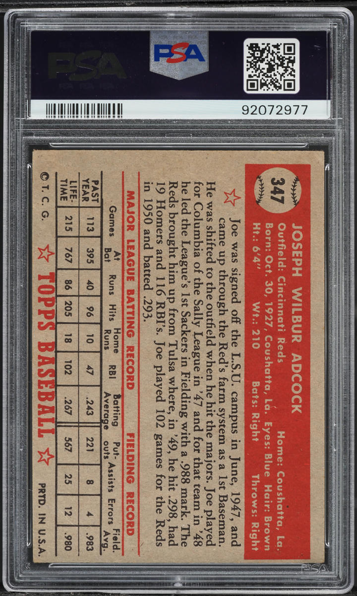 1952 Topps Joe Adcock #347 PSA 4 VGEX