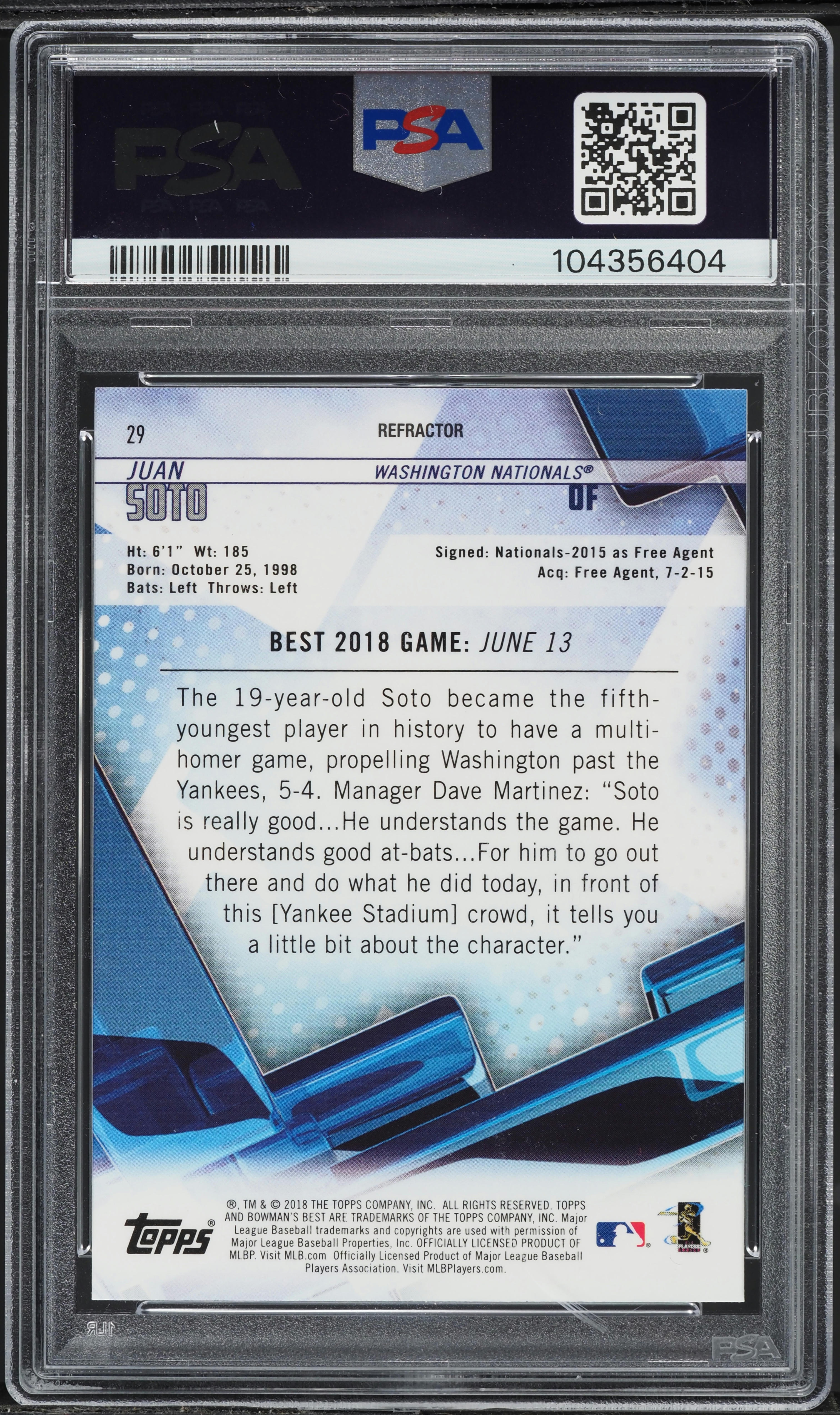 その他 2018 Bowman's B Perfomer Juan Soto PSA10 2018 Bowman's B Perfomer Juan Soto PSA10