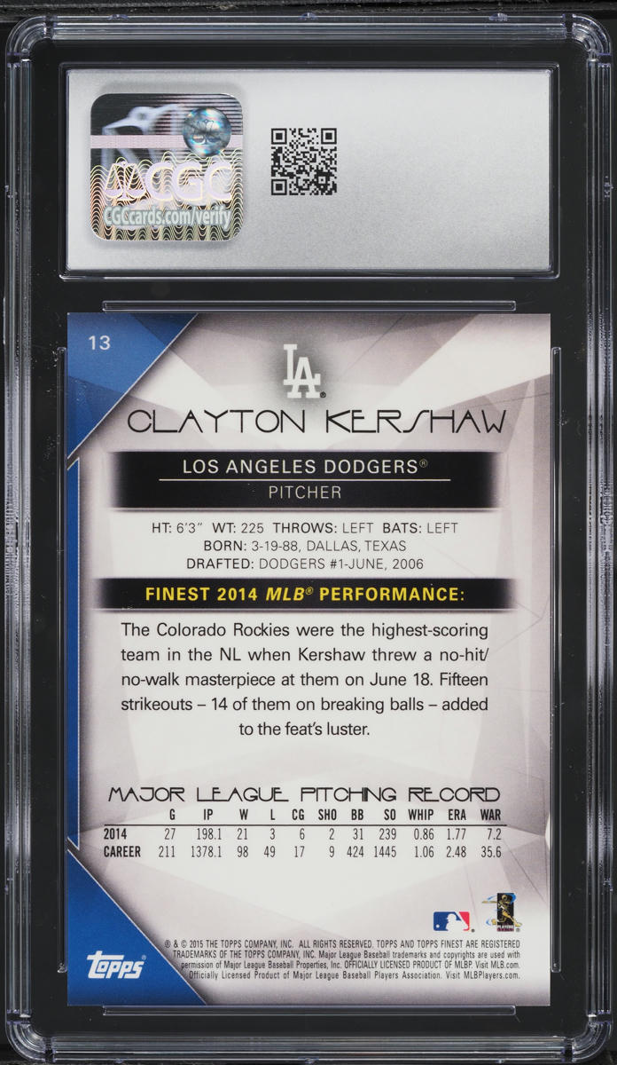 2015 Finest Red Refractor Clayton Kershaw 5/5 #13 CGC 9 MINT