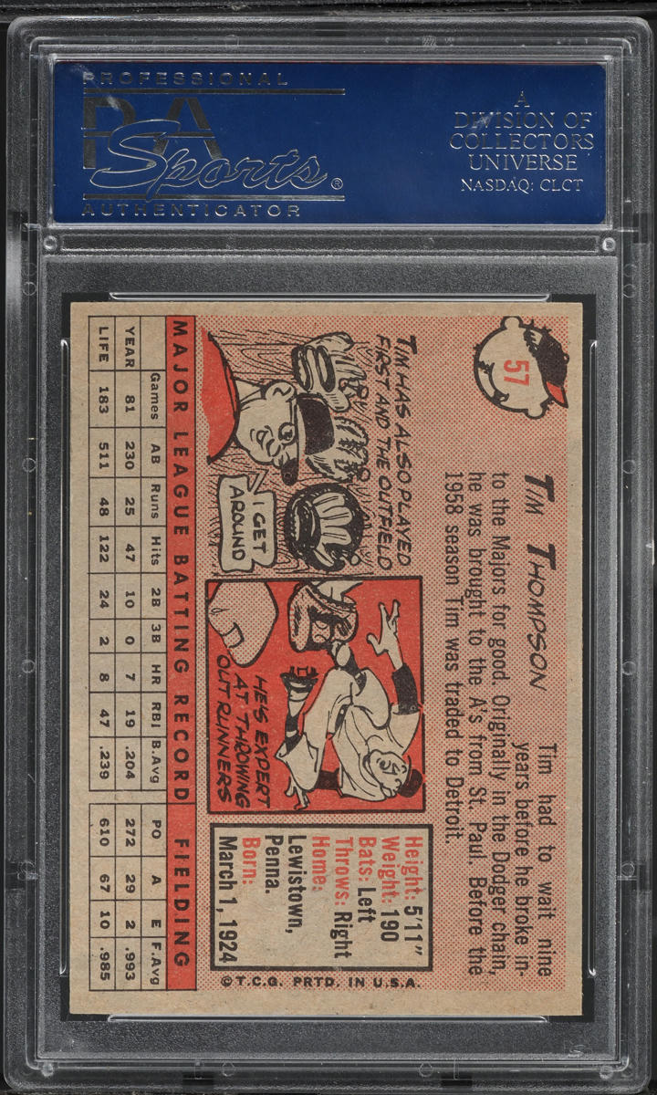 1958 Topps Tim Thompson YELLOW NAME #57 PSA 9 MINT
