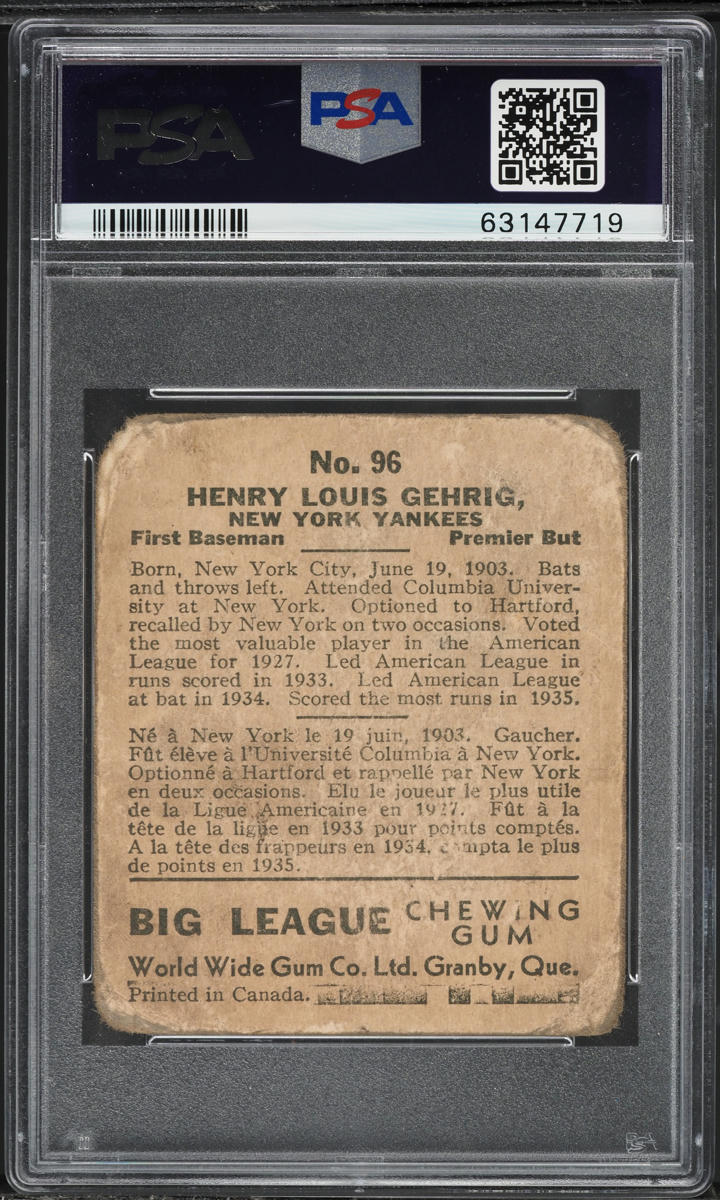 1936 World Wide Gum Lou Gehrig #96 PSA 1 PR