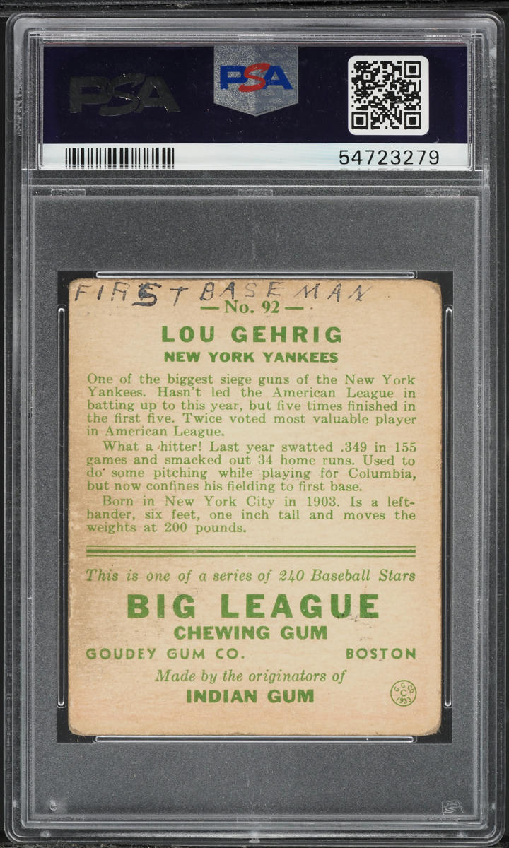 1933 Goudey Lou Gehrig #92 PSA 2(mk) GD
