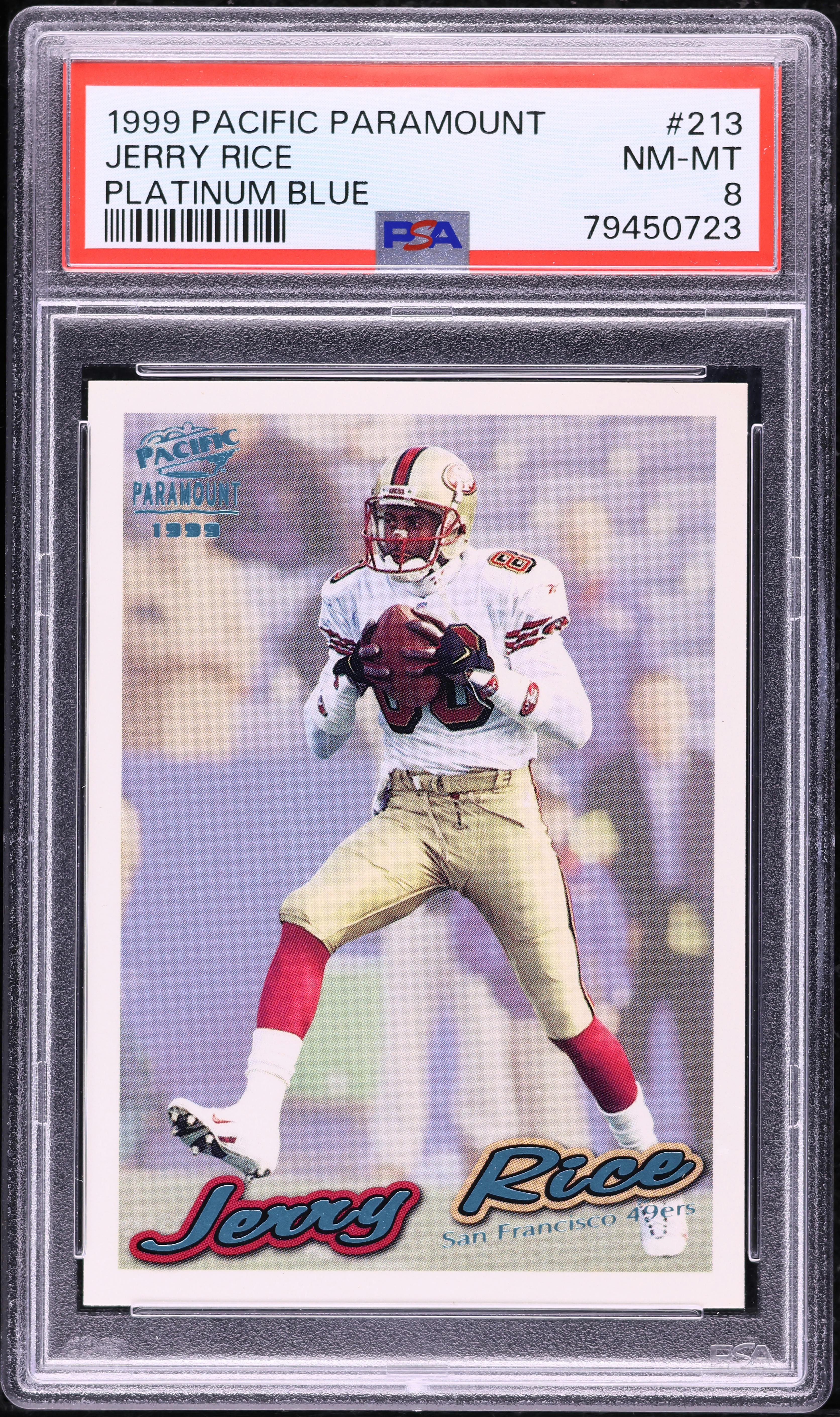 1999 Pacific Paramount Platinum Blue Jerry Rice #213 PSA 8 NM-MT
