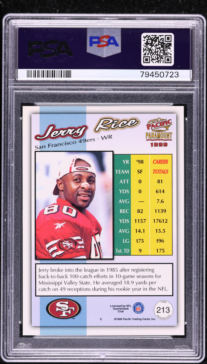 『激レア』戦後アメフト記念バッジセット RICE BOWL1949 (初期大会) 1999 Pacific Paramount Platinum Blue Jerry Rice #213 PSA 8 NM-MT
