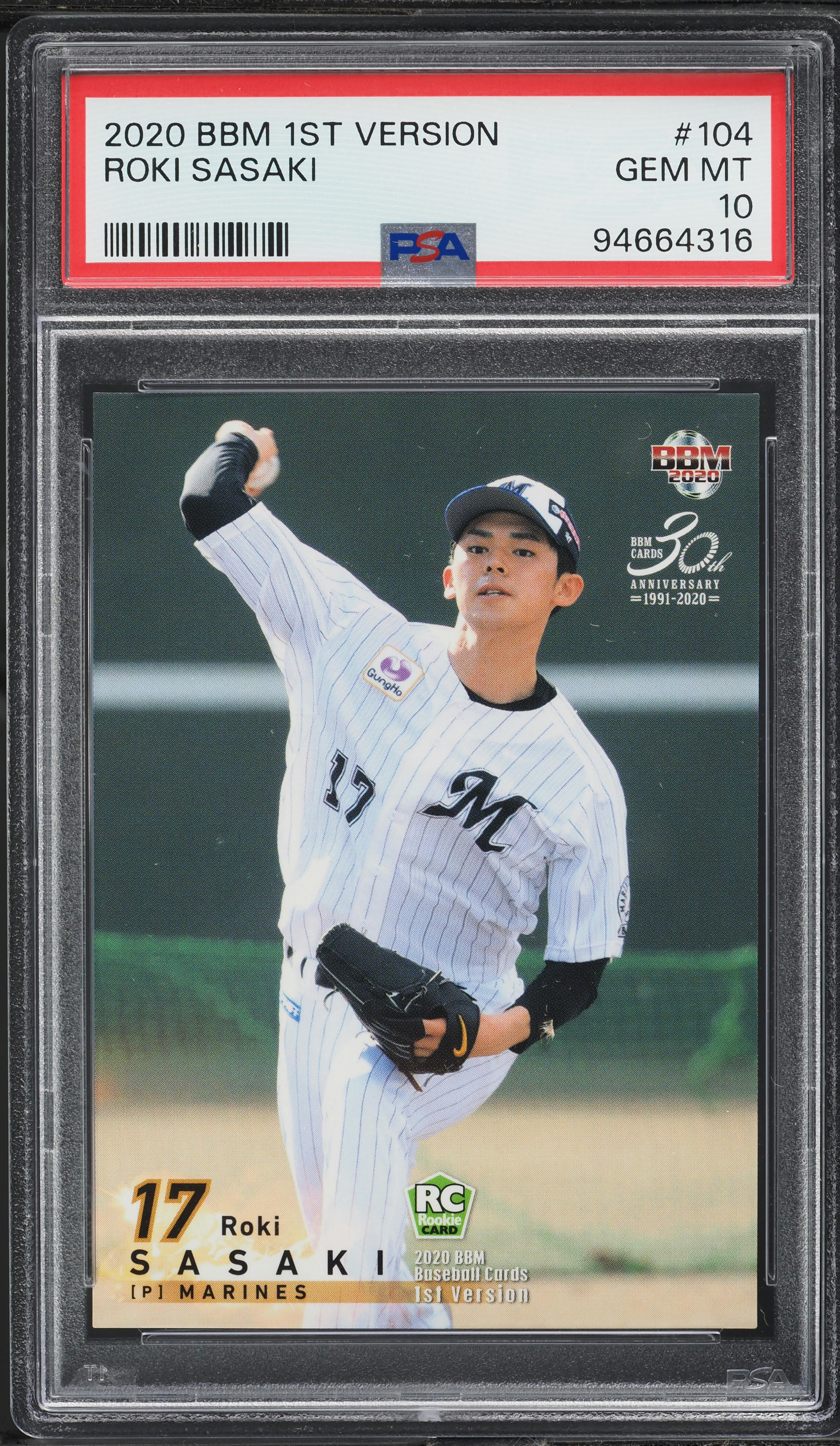 2020 BBM 1st Version Roki Sasaki ROOKIE #104 PSA 10 GEM MINT on