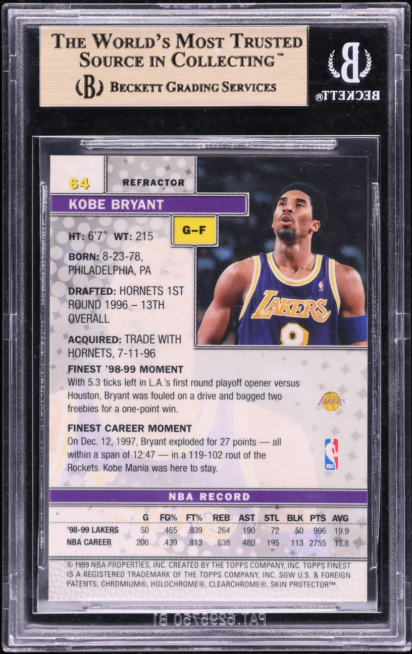 1999 Finest Basketball Refractor Kobe Bryant #64 BGS 9.5 GEM MINT