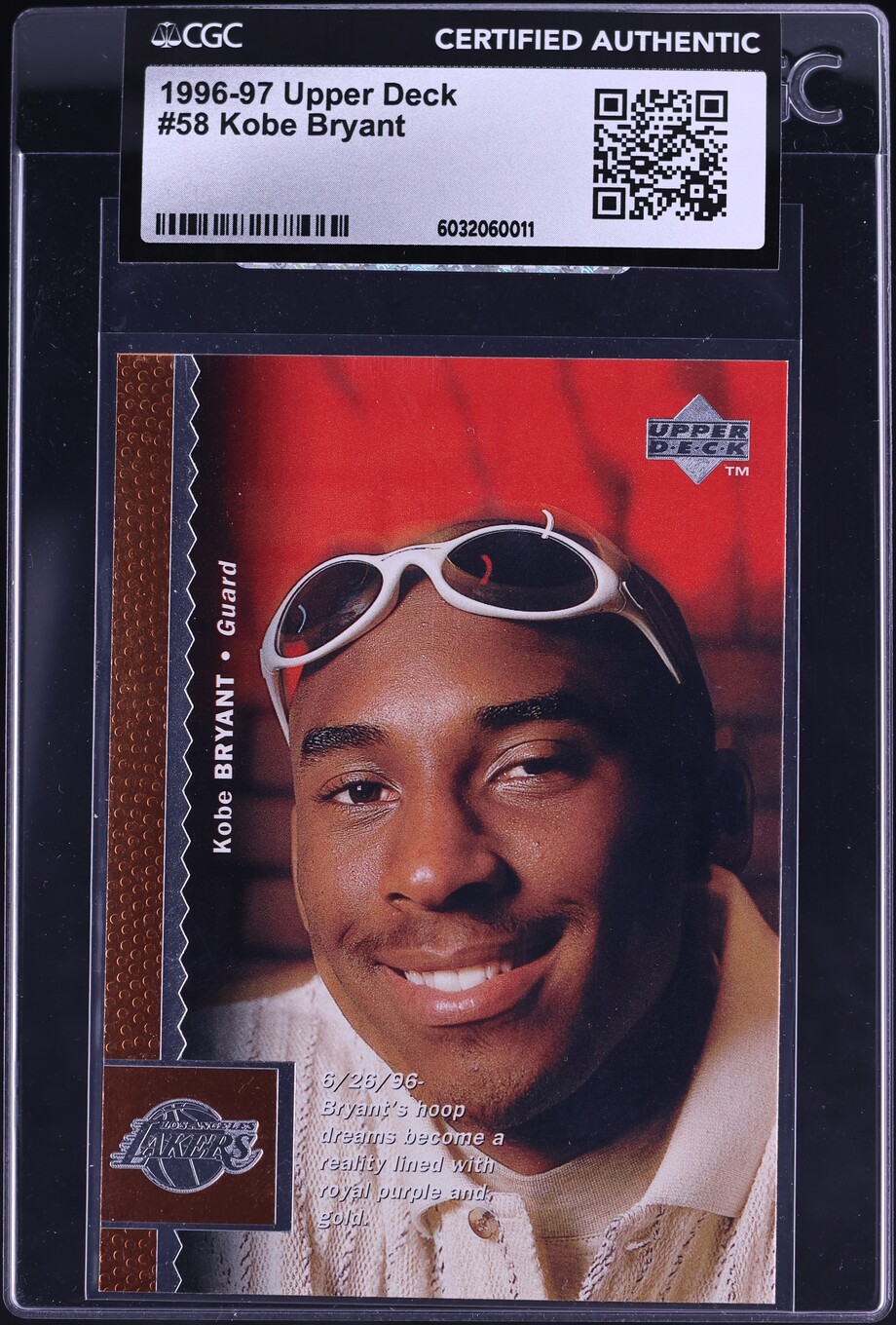 1996 Upper Deck Basketball Kobe Bryant ROOKIE #58 CGC AUTH