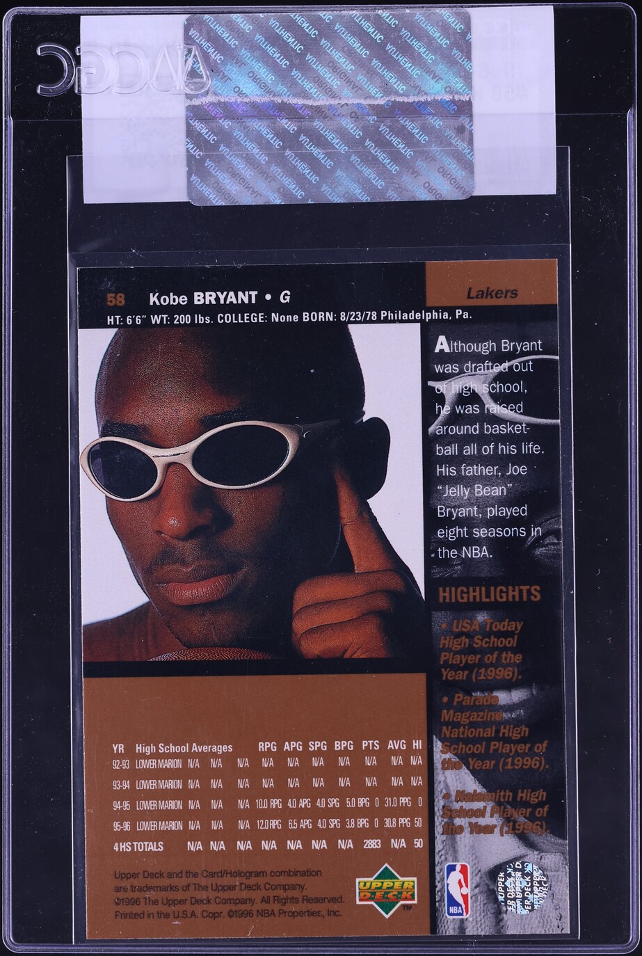 1996 Upper Deck Basketball Kobe Bryant ROOKIE #58 CGC AUTH