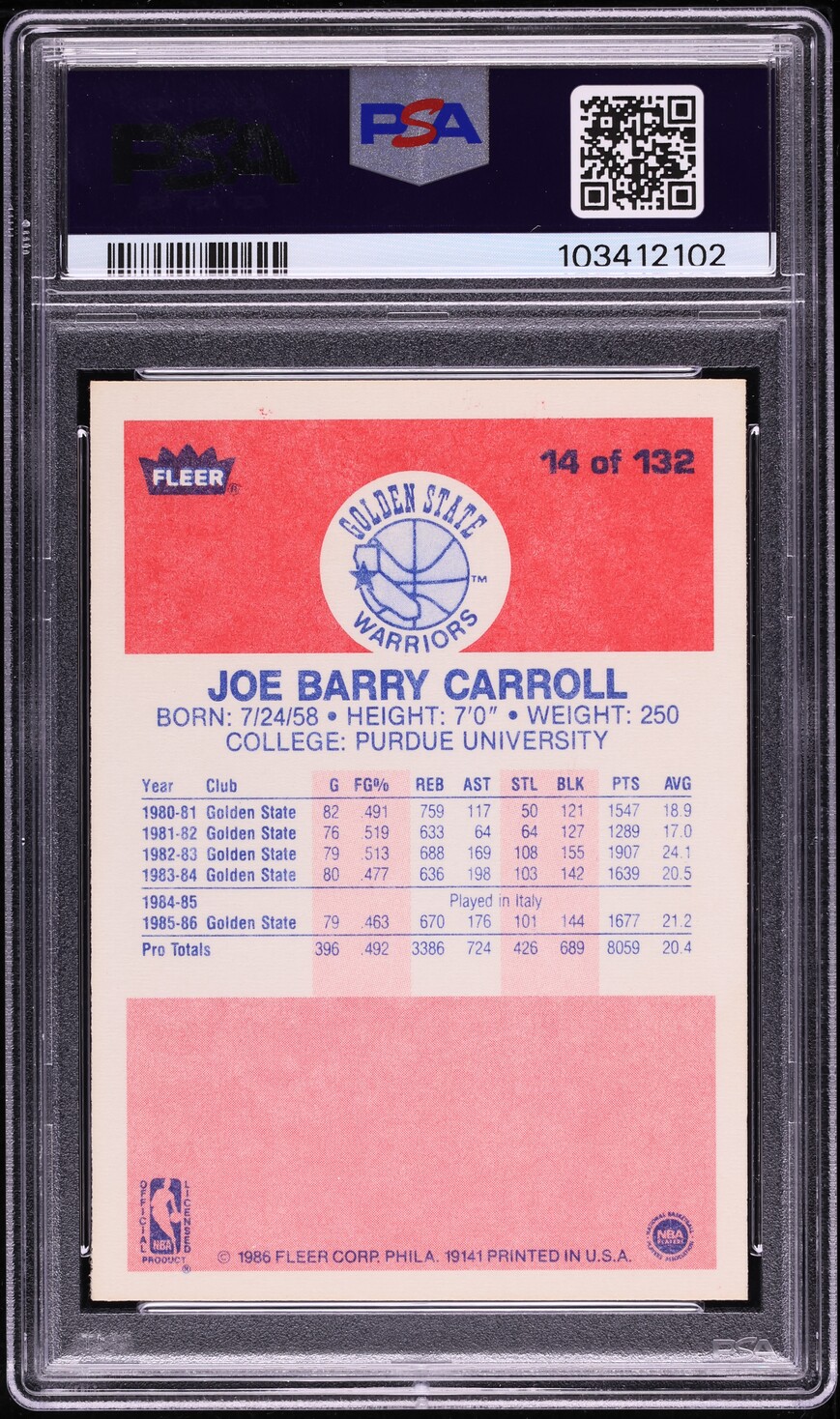 1986 Fleer Basketball Joe Barry Carroll #14 PSA 10 GEM MINT