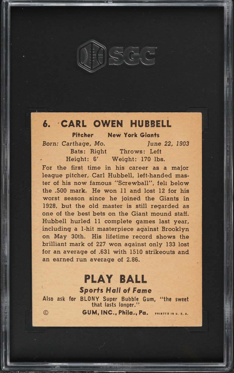 1941 Play Ball Carl Hubbell #6 SGC 5 EX