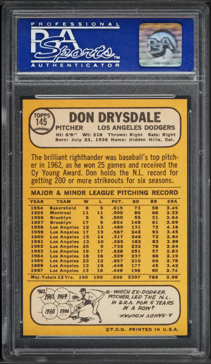 1968 Topps Don Drysdale #145 PSA 10 GEM MINT