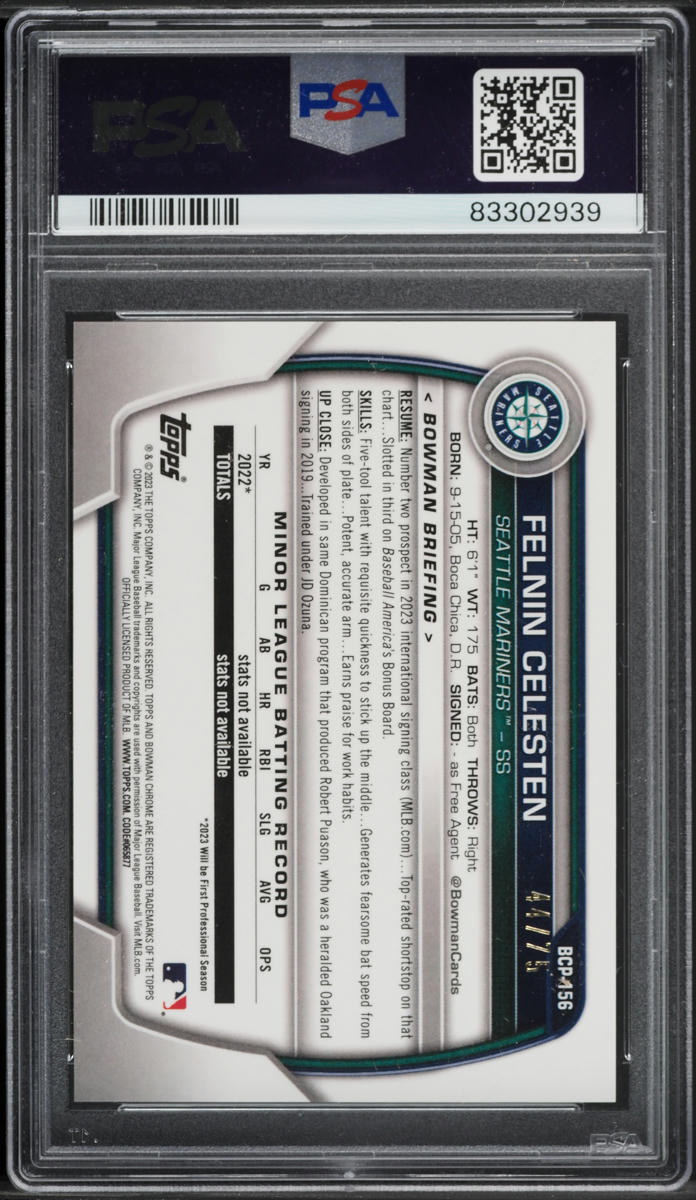 2023 Bowman Chrome Yellow Refractor Felnin Celesten /75 #BCP156 PSA 10 GEM MINT