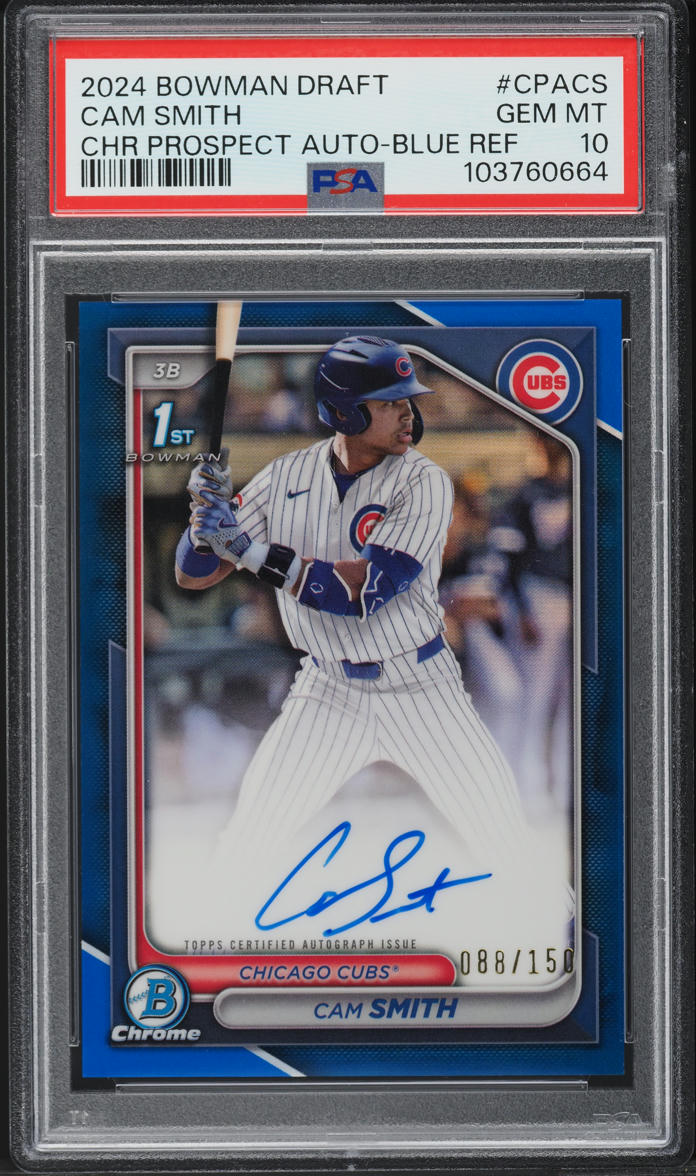 2024 Bowman Chrome Draft Blue Refractor Cam Smith PROSPECT AUTO /150 PSA 10 GEM