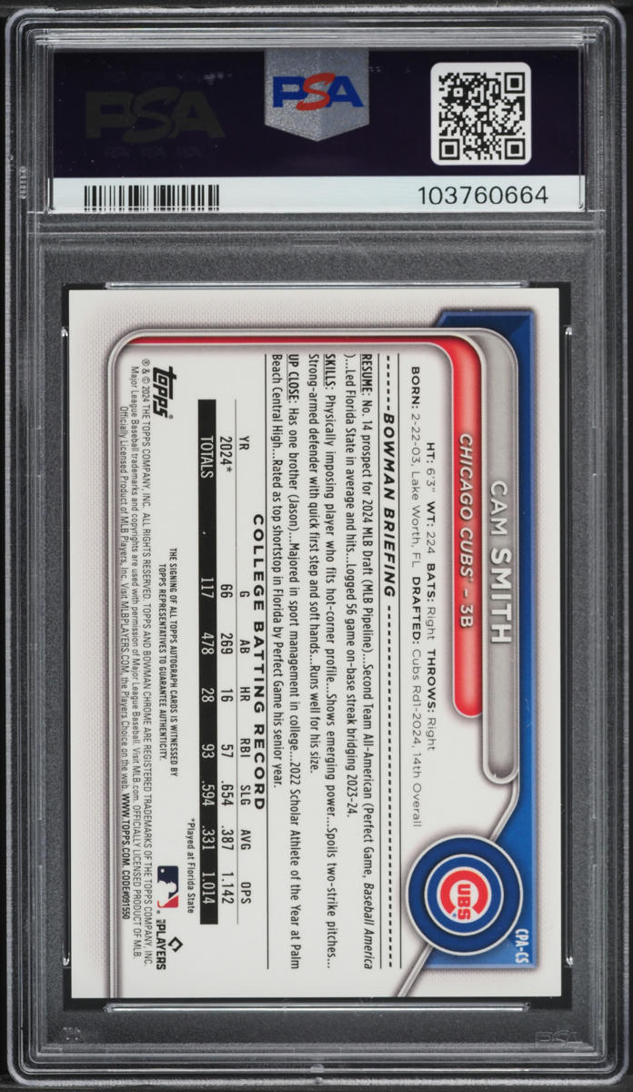 2024 Bowman Chrome Draft Blue Refractor Cam Smith PROSPECT AUTO /150 PSA 10 GEM