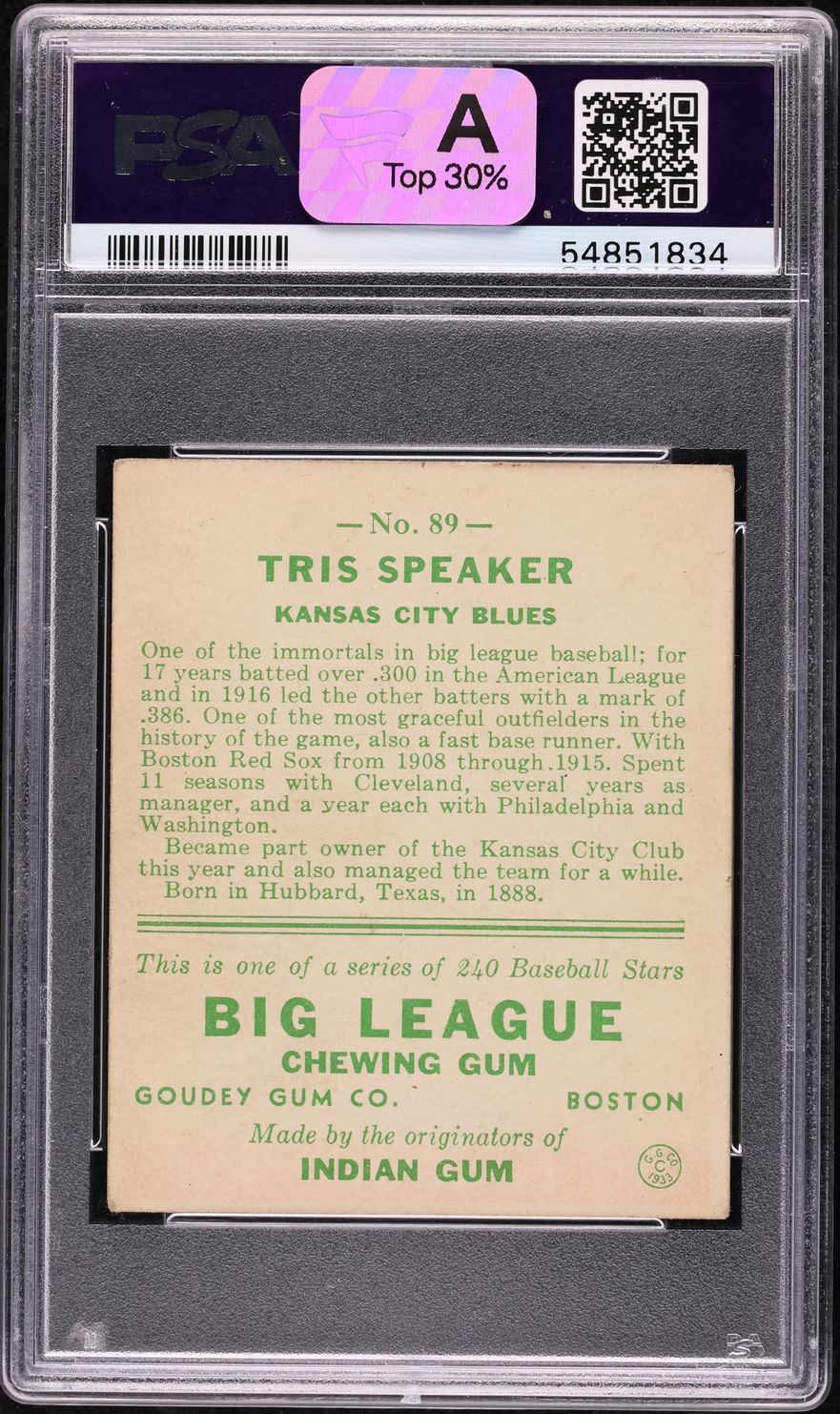1933 Goudey Tris Speaker #89 PSA 3 VG