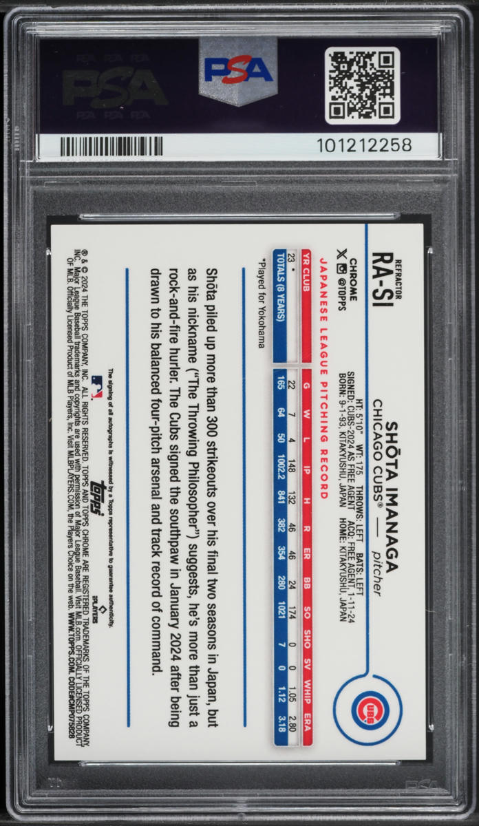 2024 Topps Chrome Refractor Shota Imanaga ROOKIE AUTO /499 #RASI PSA 10 GEM MINT