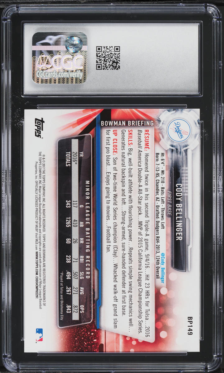 2017 Bowman Prospects Cody Bellinger ROOKIE #BP149 CGC 9 MINT