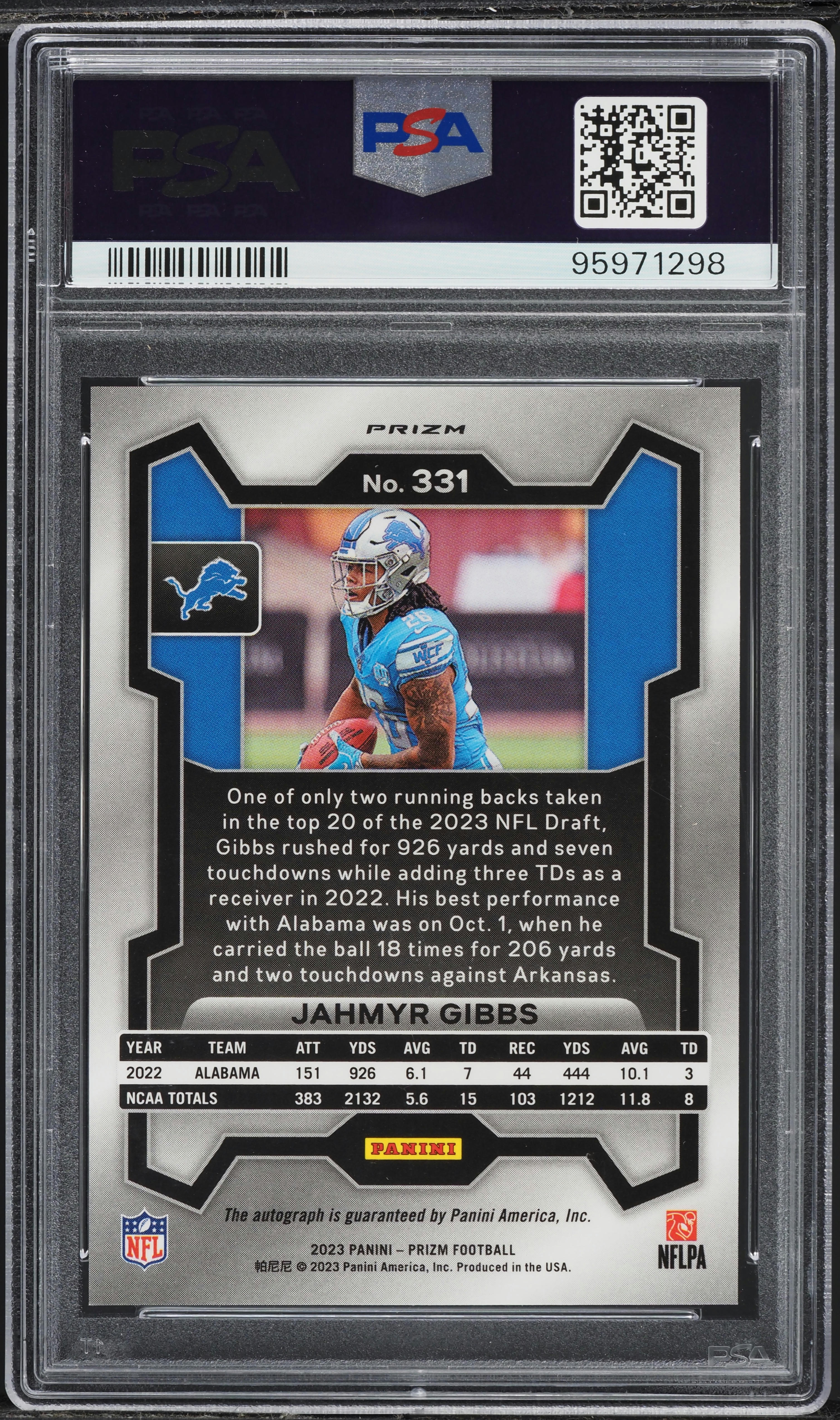 【GRAY】希少　BOARDS LIMITED EDITION UG. 2023 Panini Prizm Silver Jahmyr Gibbs ROOKIE AUTO #331 PSA 10 GEM