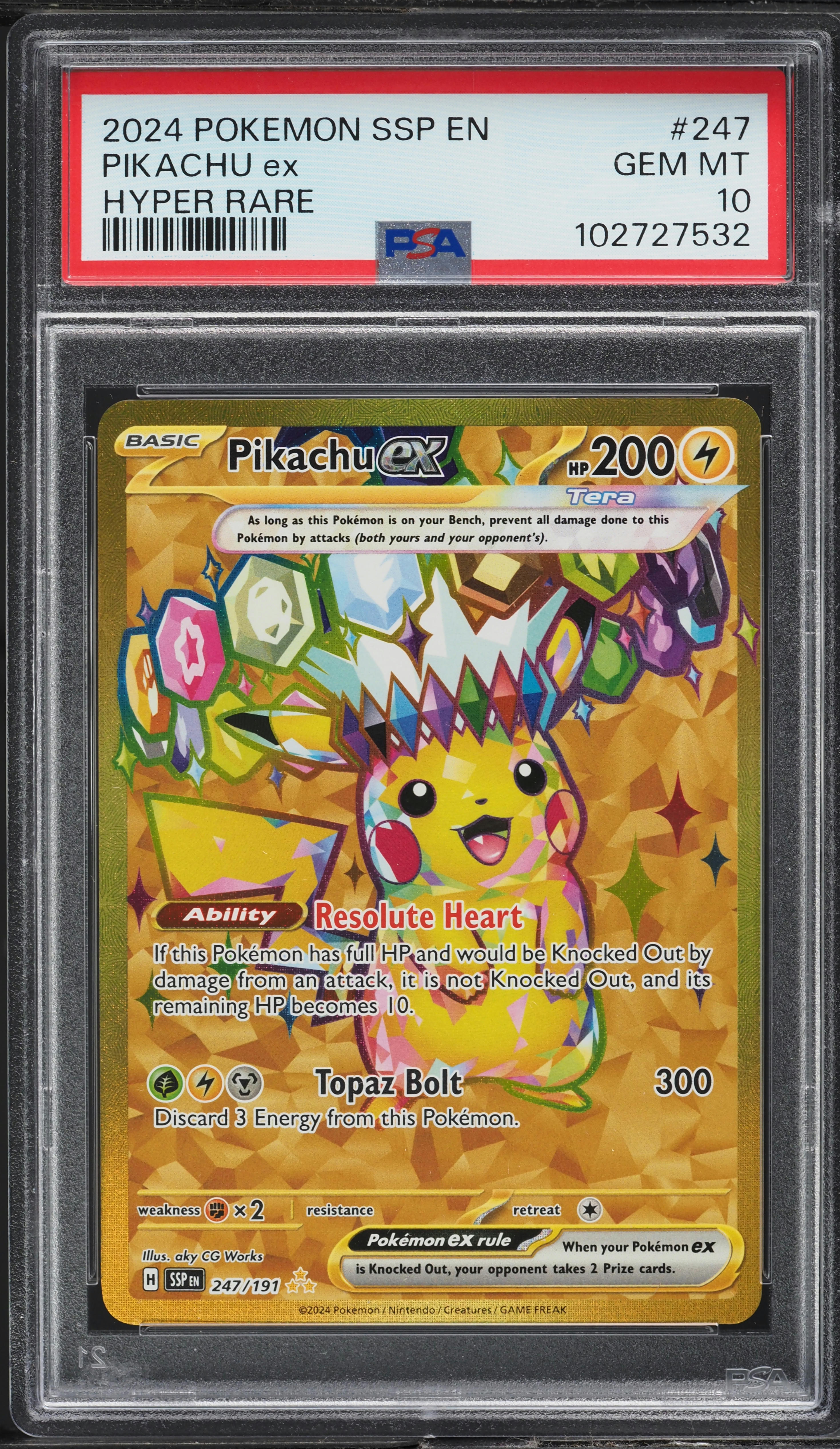 2024 ピカチュウex ULTRA RARE GEM MT 10 2024 Pokemon Ssp En Surging Sparks Hyper Rare Pikachu Ex #247 PSA