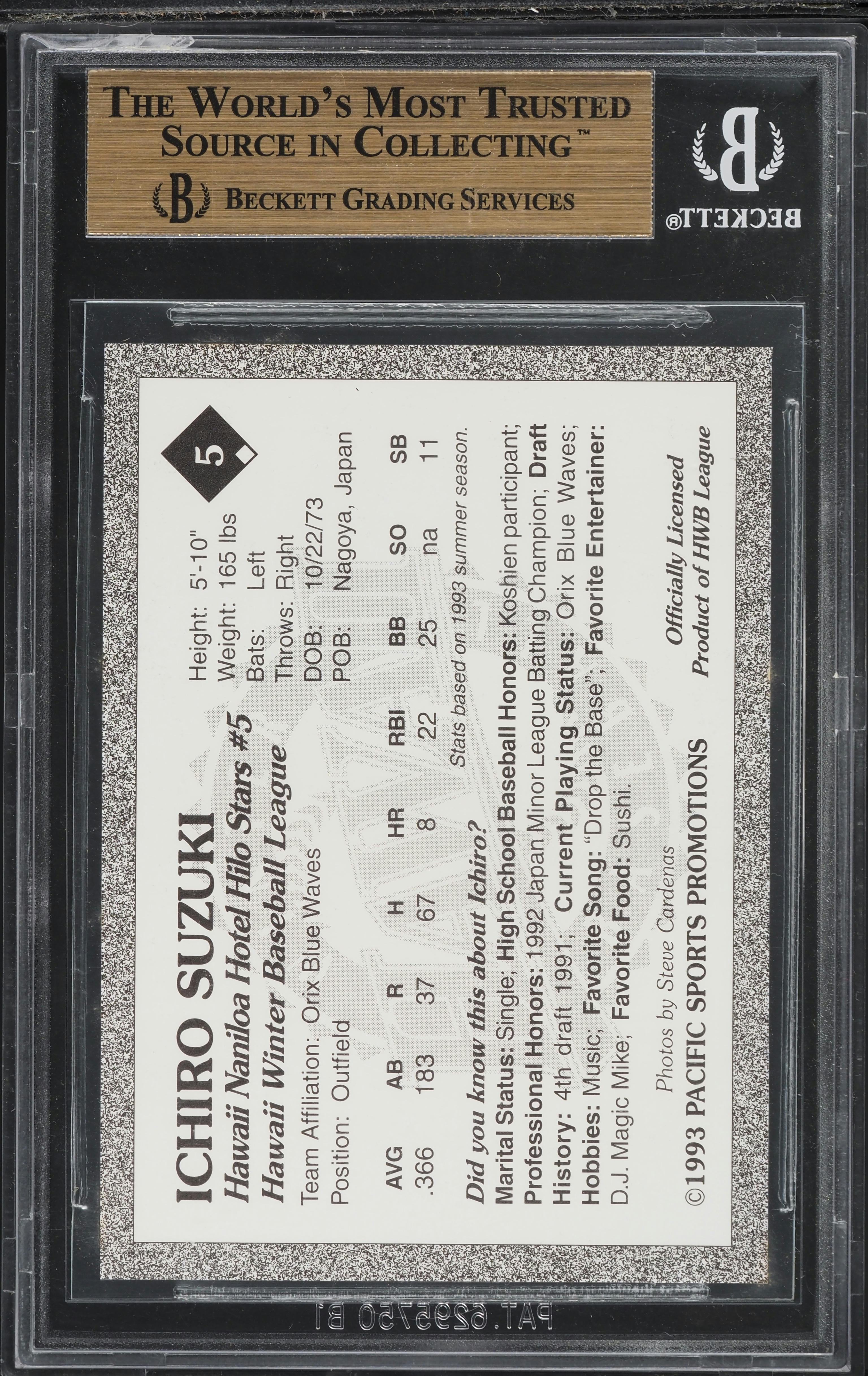 1993 Hawaii Winter League Ichiro Suzuki ROOKIE #5 BGS 9.5 GEM MINT