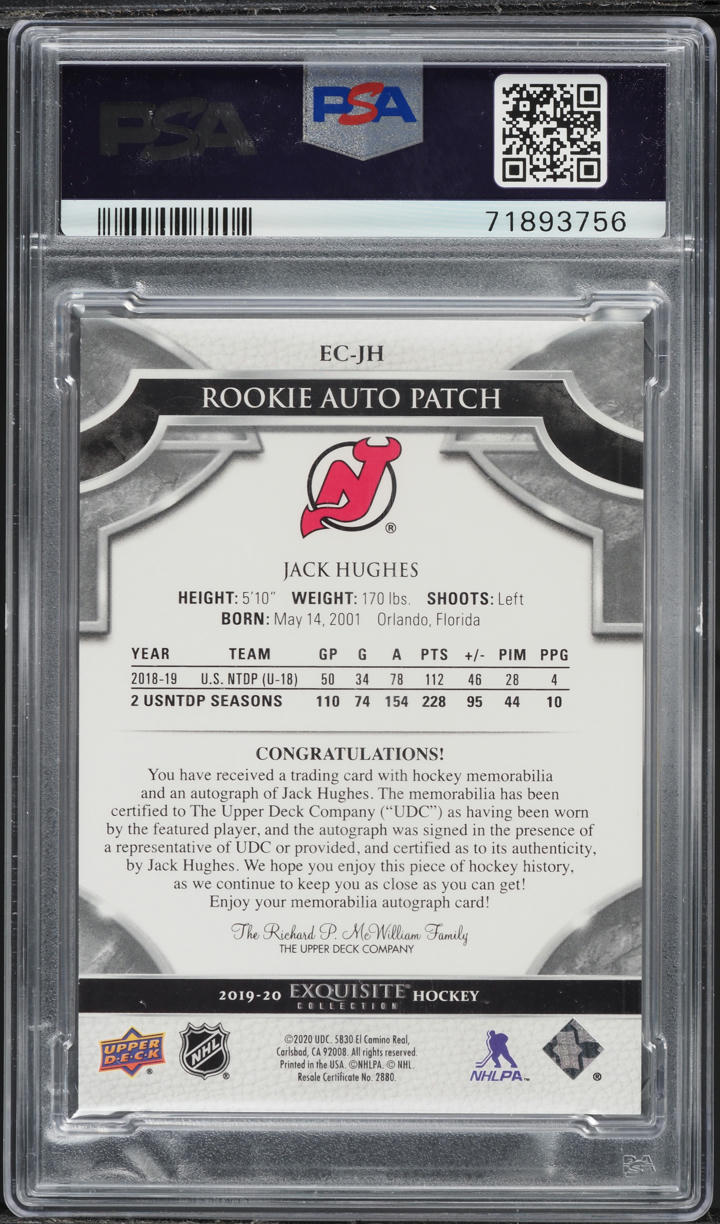 2019 The Cup Update Exquisite Jack Hughes RC PATCH AUTO DNA 10 /86 #ECJH PSA 9