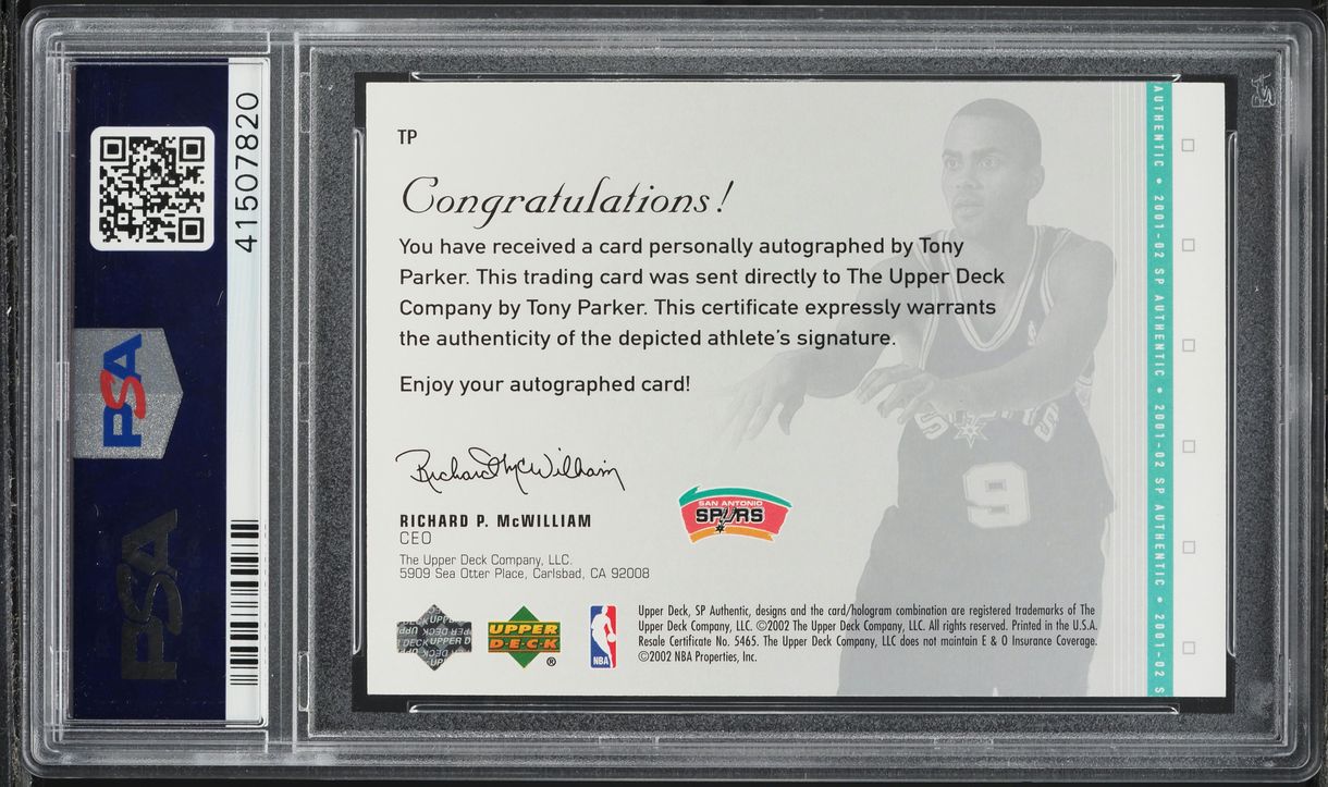 2001 SP Authentic Signatures Tony Parker ROOKIE AUTO /390 #TP PSA 10 GEM MINT