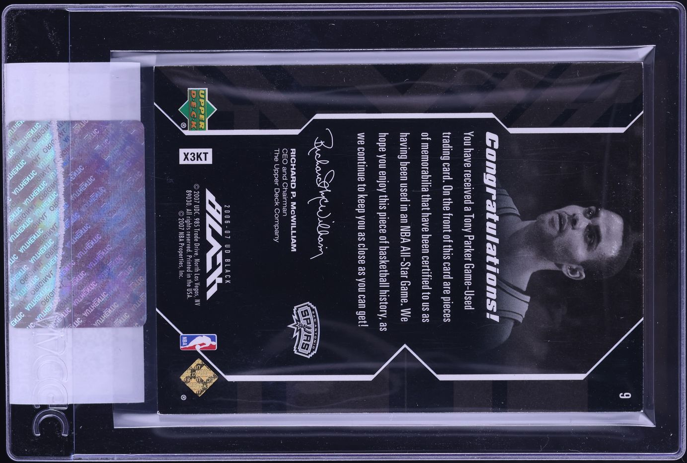 2006 Upper Deck Black Tony Parker PATCH /99 #9 CGC AUTH