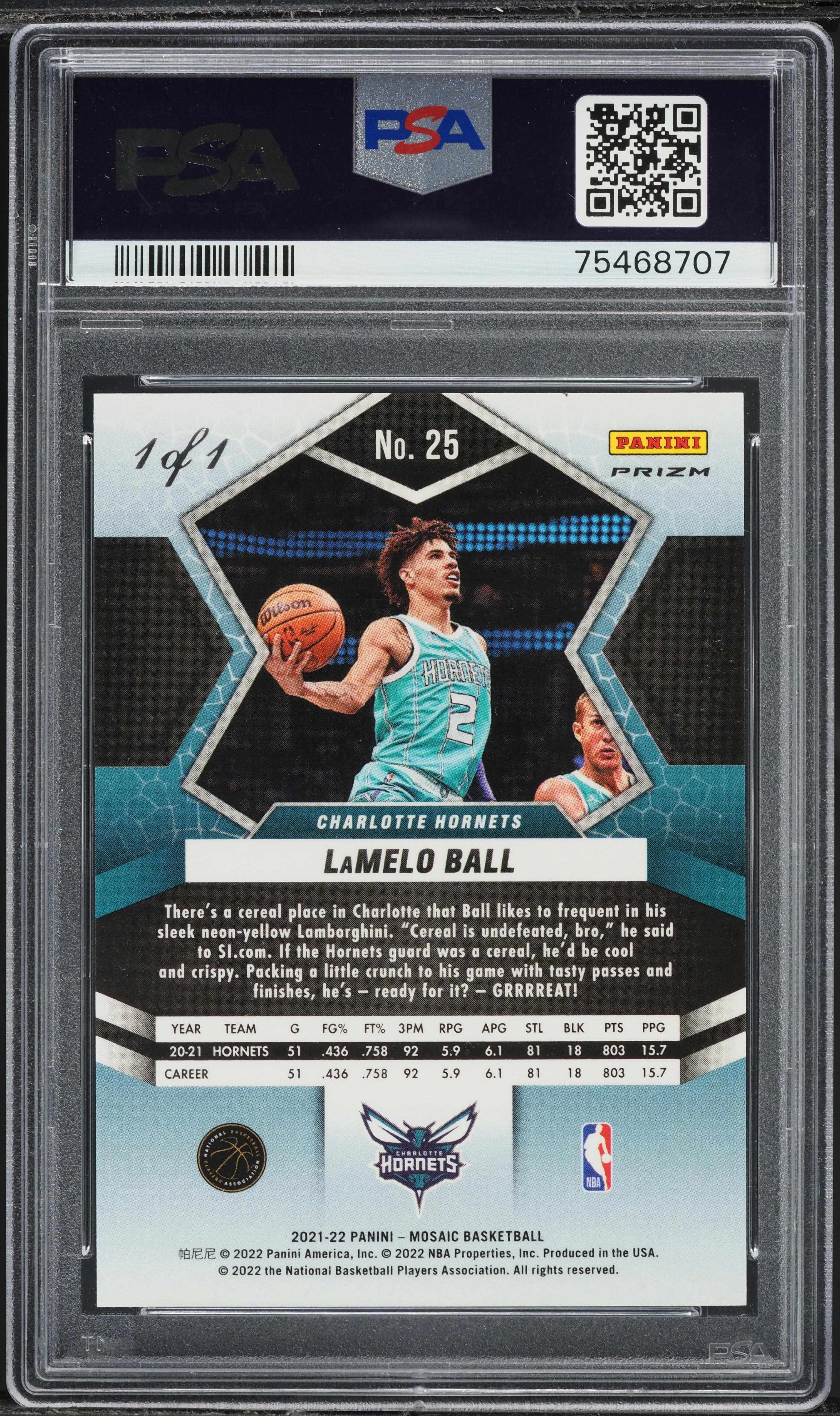 2021 Panini Mosaic Black Mosaic LaMelo Ball 1/1 #25 PSA 9 MINT on