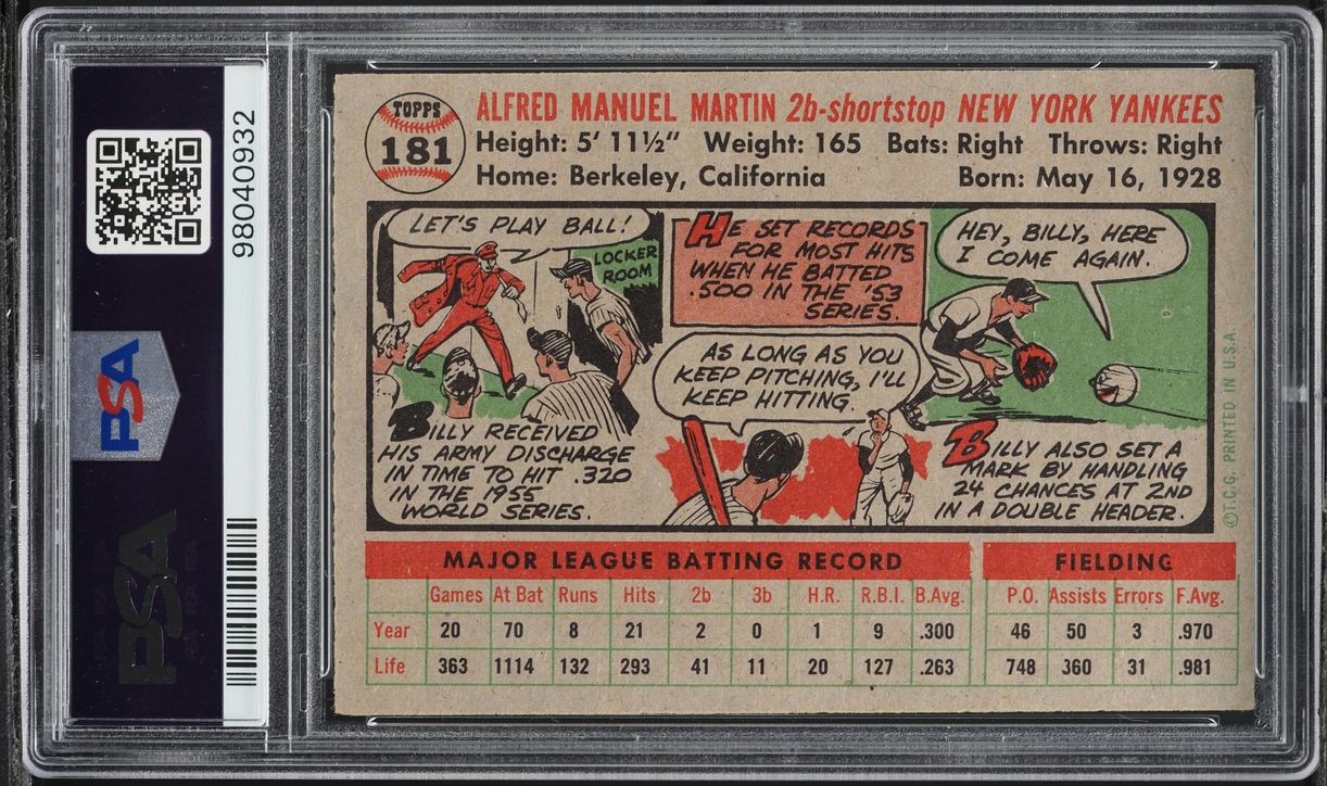 1956 Topps Billy Martin #181 PSA 8.5 NM-MT+