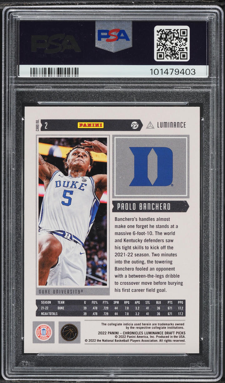 2022 Panini Chronicles Draft Picks Luminance Paolo Banchero ROOKIE #2 PSA 8