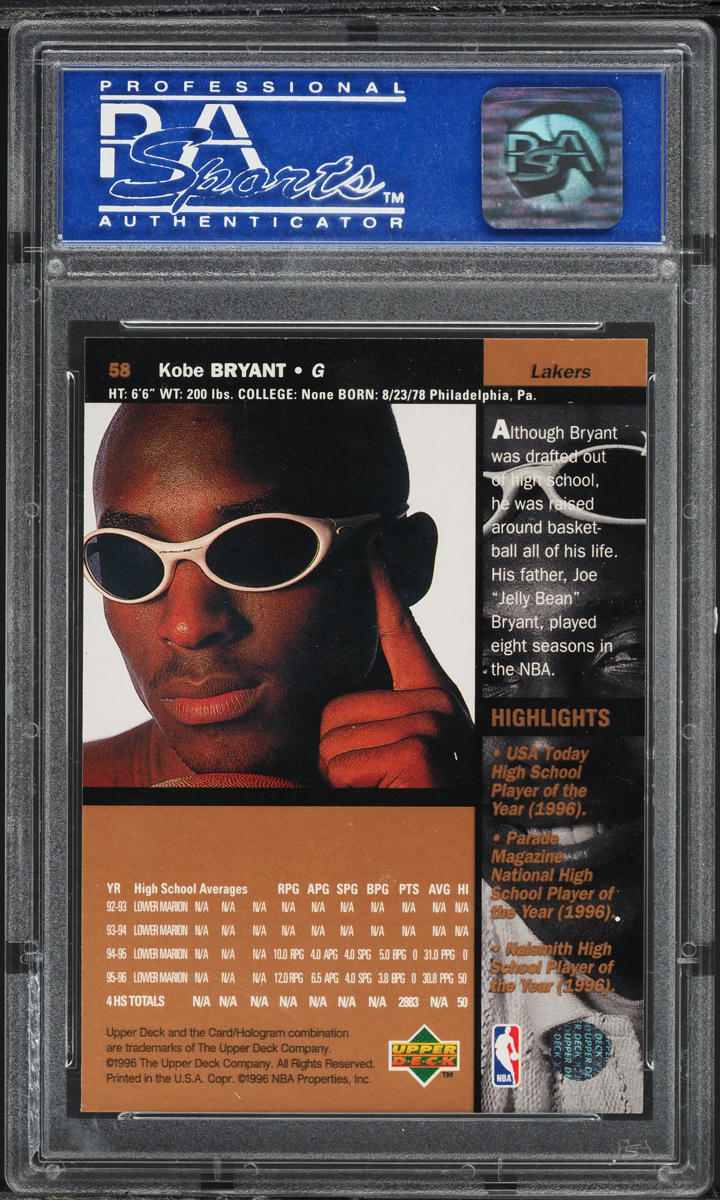 1996 Upper Deck Basketball Kobe Bryant ROOKIE #58 PSA 9 MINT