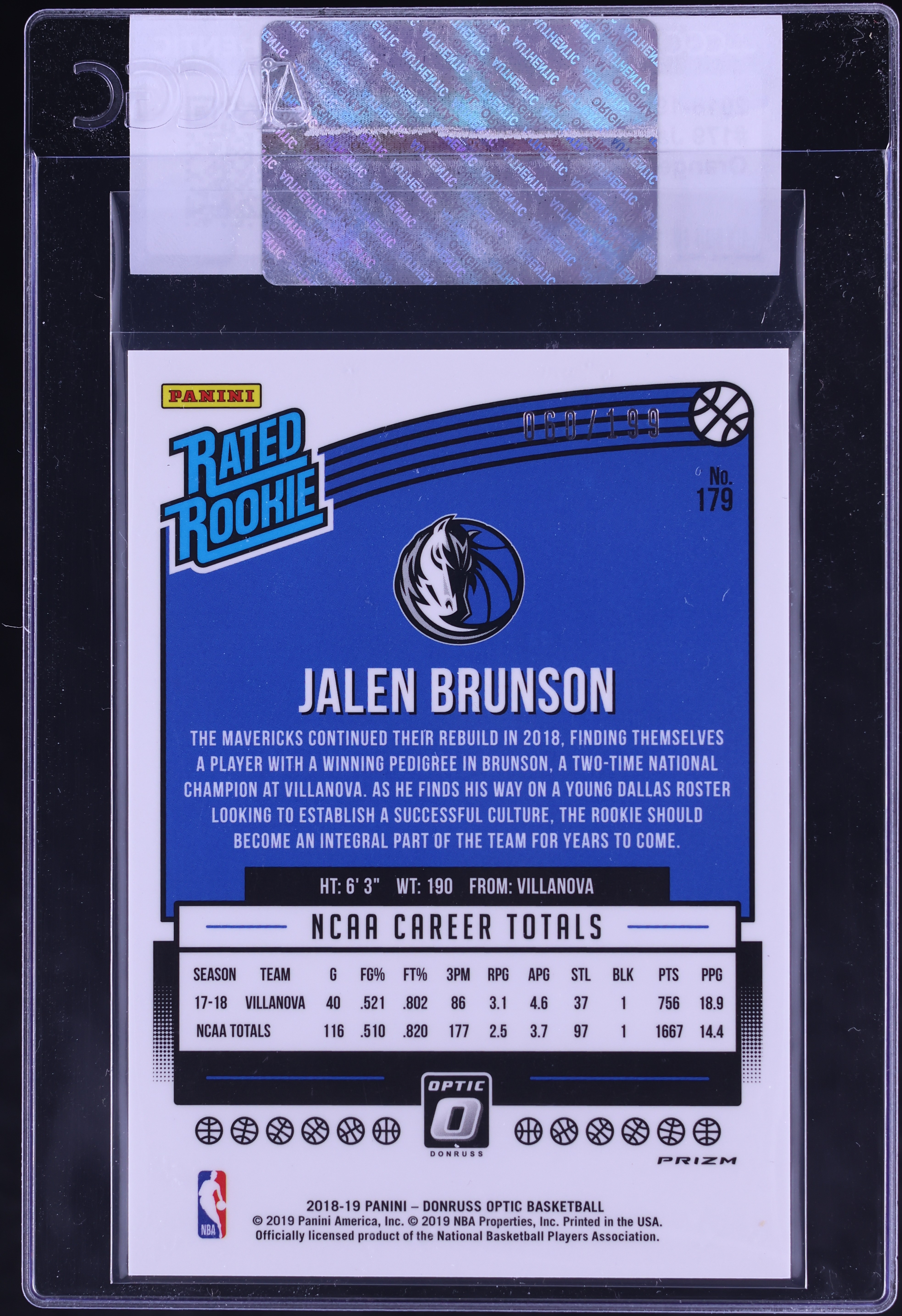 2018 Donruss Optic Orange Jalen Brunson ROOKIE /199 #179 CGC AUTH 