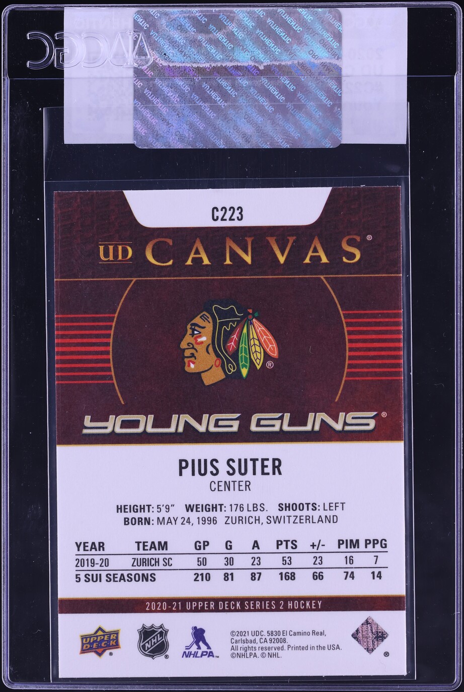 2020 Upper Deck Canvas Young Guns Pius Suter ROOKIE #C223 CGC AUTH