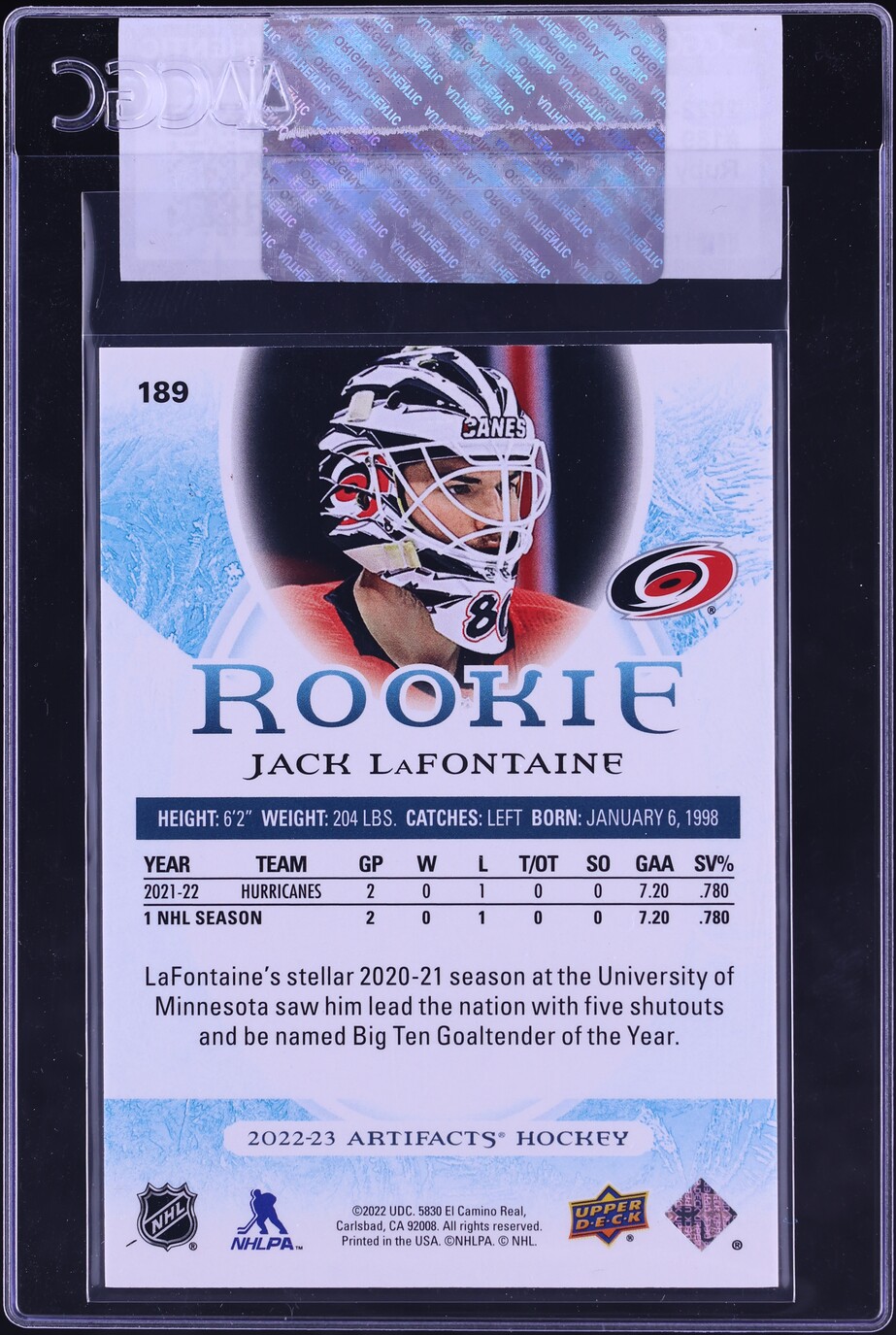 2022 Upper Deck Artifacts Ruby Jack LaFontaine ROOKIE /499 #189 CGC AUTH