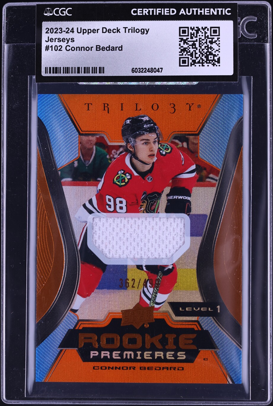 2023 Upper Deck Trilogy Jerseys Connor Bedard ROOKIE PATCH /499 #102 CGC AUTH