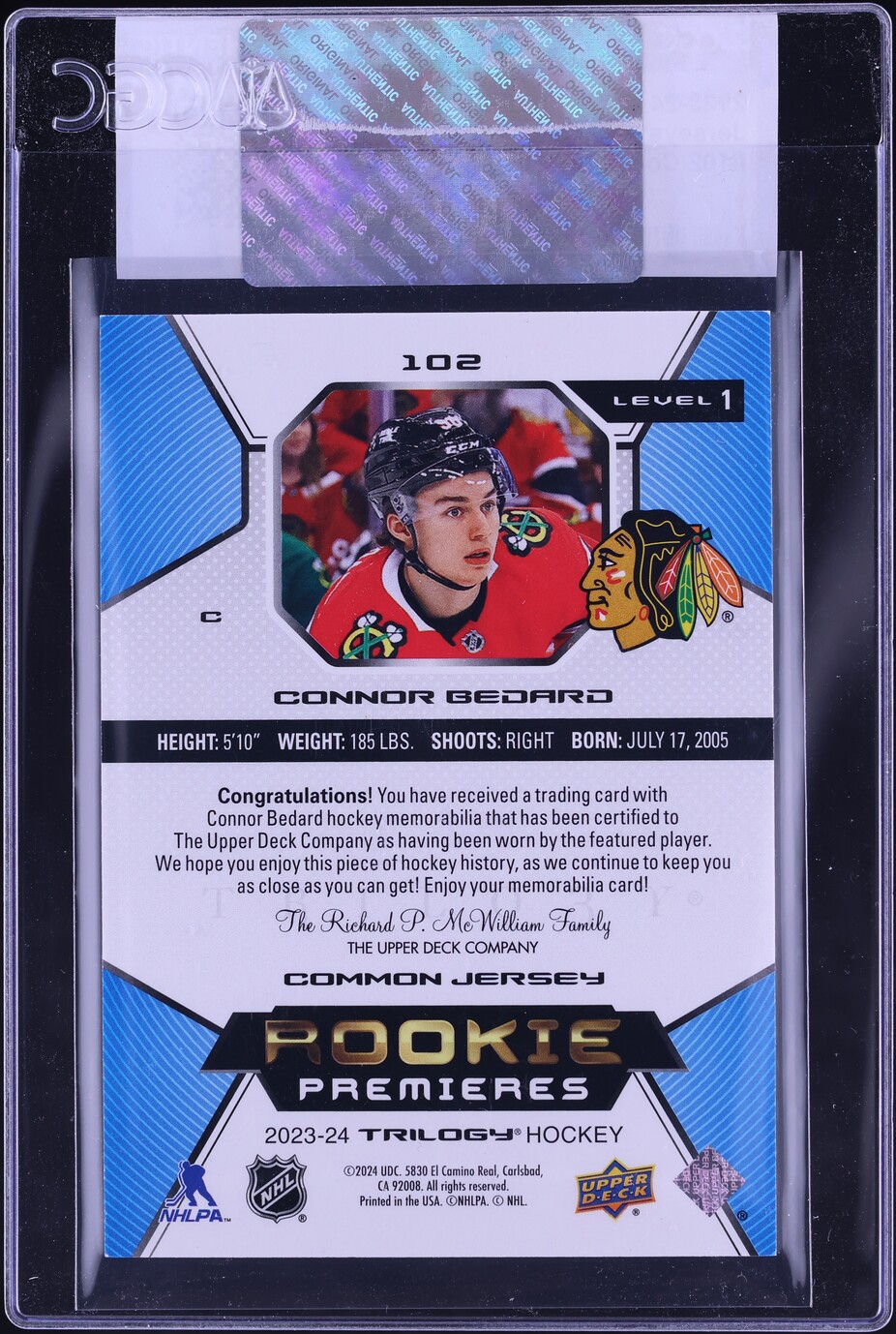 2023 Upper Deck Trilogy Jerseys Connor Bedard ROOKIE PATCH /499 #102 CGC AUTH