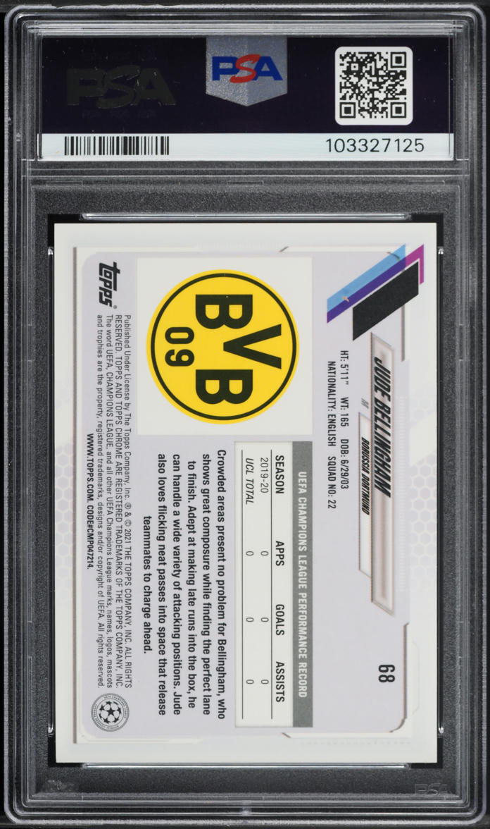 2020 Topps Chrome UEFA Sapphire Jude Bellingham ROOKIE #68 PSA 9 MINT
