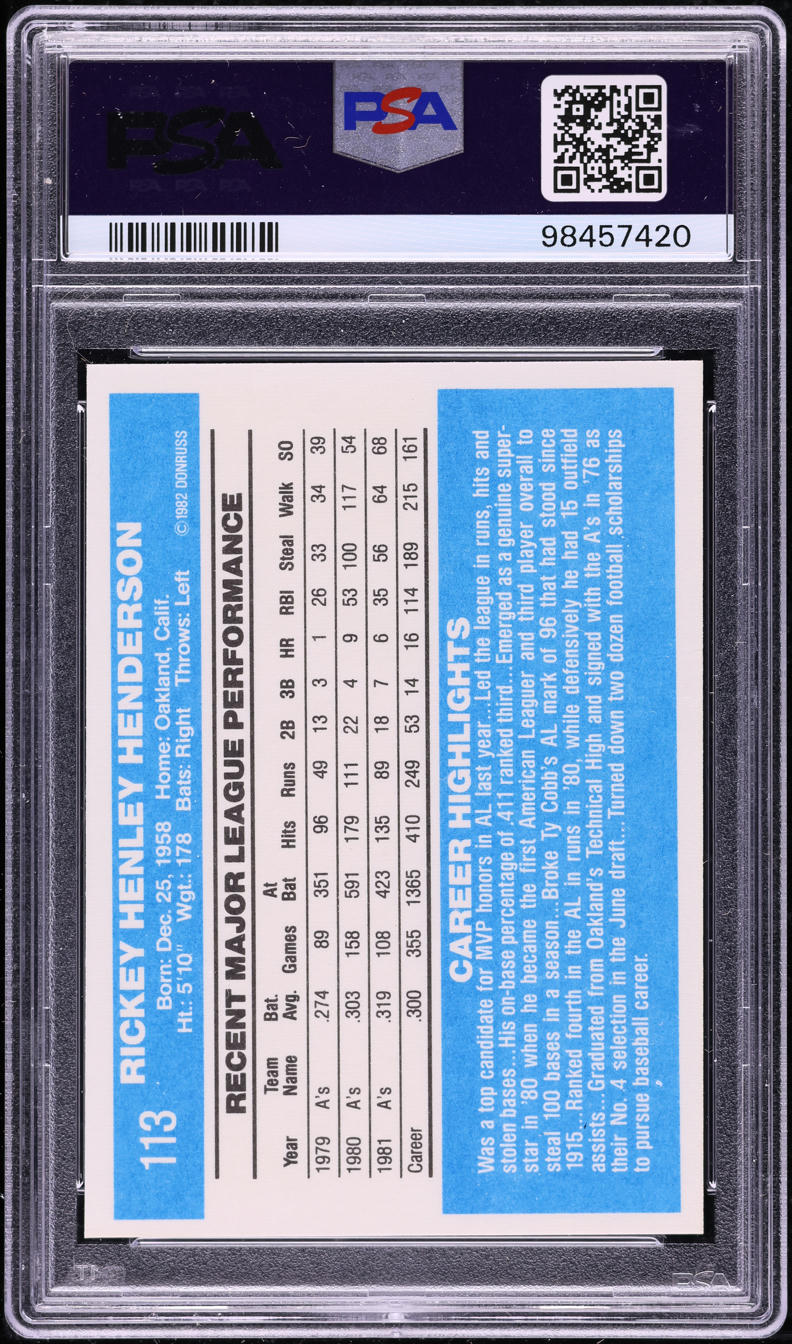 1982 Donruss Rickey Henderson #113 PSA 10 GEM MINT